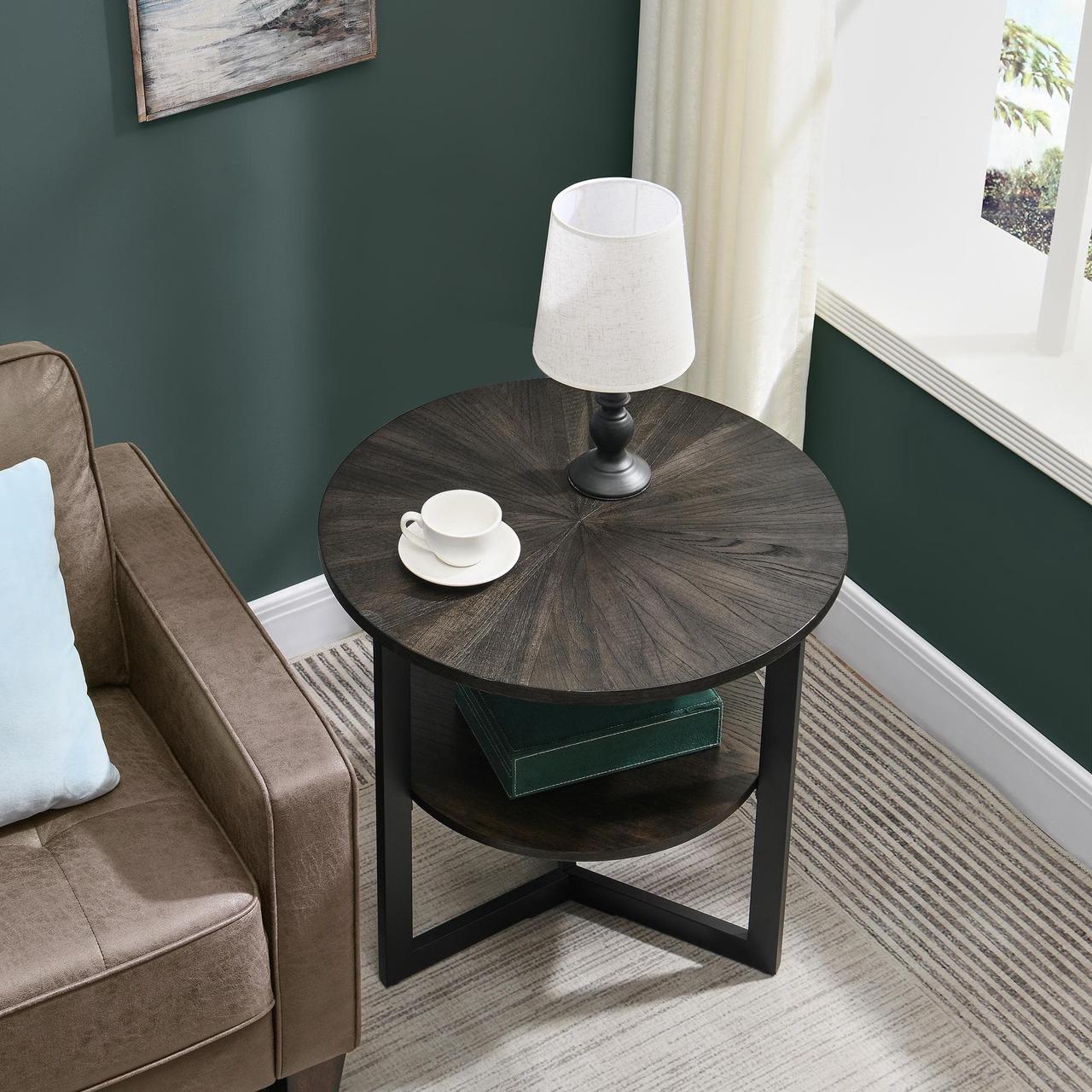 Alt view image 4 of 5 - ASARUDA Large Round End Table with Storage Shelf, Rustic Circular Sofa Side Black Metal Legs, Solid Wood Nightstand, Telephone for Living Room, Bedroom, 25.2''D x 24''H Black