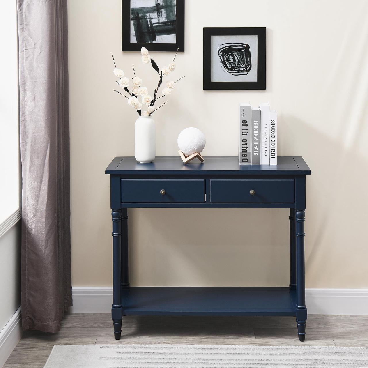 Alt view image 2 of 7 - ASARUDA Solid Wood Console Entry Table with 2 Drawers, Accent Sofa Table with Storage Shelf, Narrow Entryway Hall Table for Living Room Office Easy Assembly 35.54" L x 30" H x 13.78" W Blue