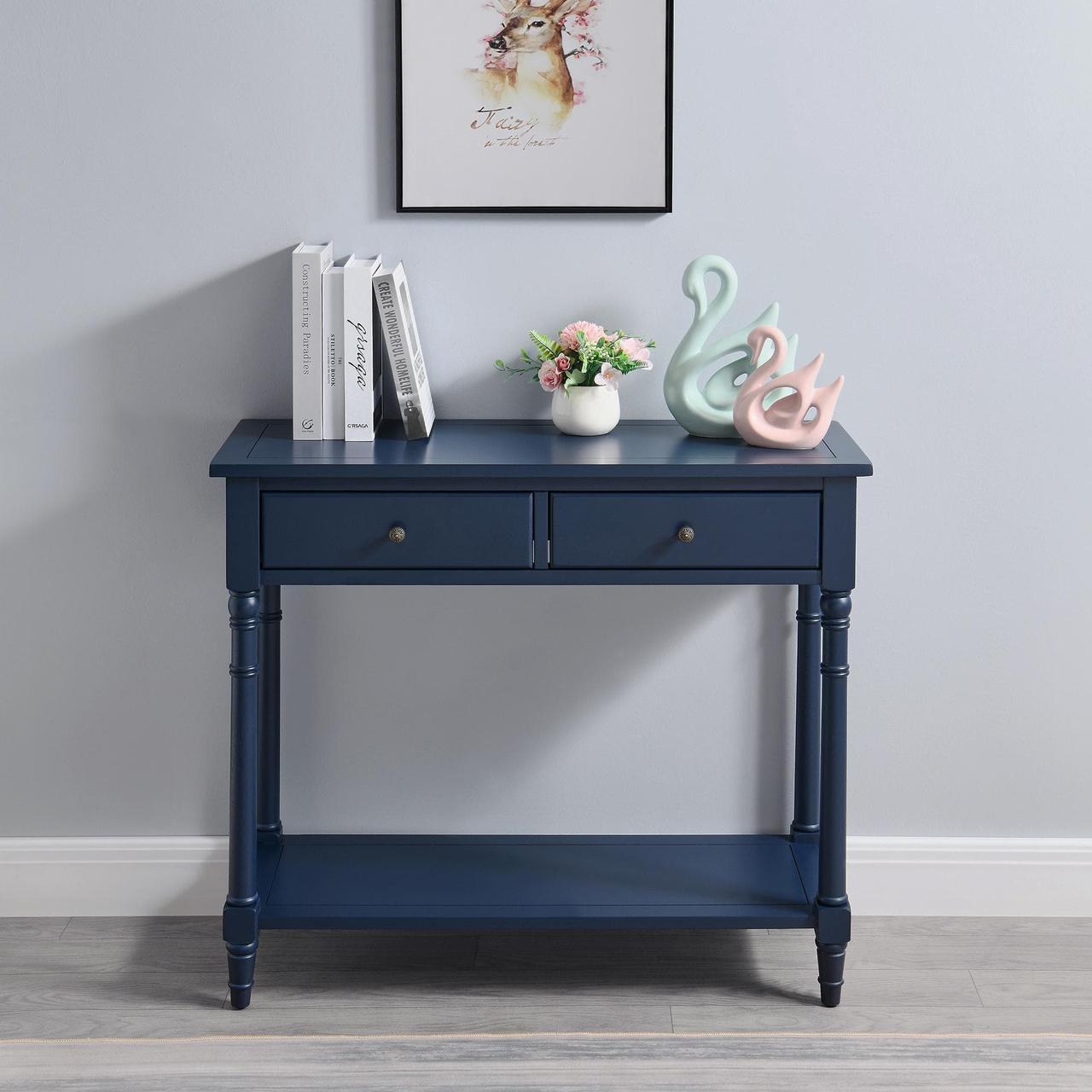 Alt view image 3 of 7 - ASARUDA Solid Wood Console Entry Table with 2 Drawers, Accent Sofa Table with Storage Shelf, Narrow Entryway Hall Table for Living Room Office Easy Assembly 35.54" L x 30" H x 13.78" W Blue