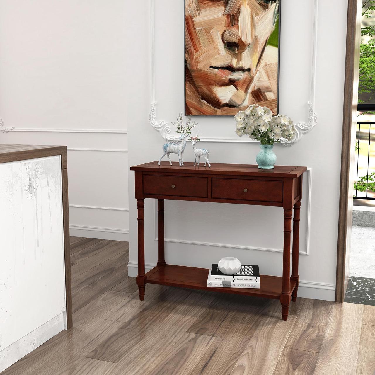 Alt view image 2 of 7 - ASARUDA Solid Wood Console Entry Table with 2 Drawers, Accent Sofa Table with Storage Shelf, Narrow Entryway Hall Table for Living Room Office Easy Assembly 35.54" L x 30" H x 13.78" W Brown