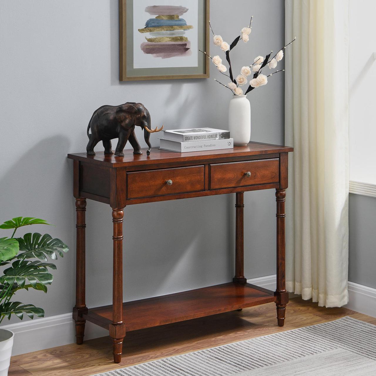 Alt view image 4 of 7 - ASARUDA Solid Wood Console Entry Table with 2 Drawers, Accent Sofa Table with Storage Shelf, Narrow Entryway Hall Table for Living Room Office Easy Assembly 35.54" L x 30" H x 13.78" W Brown