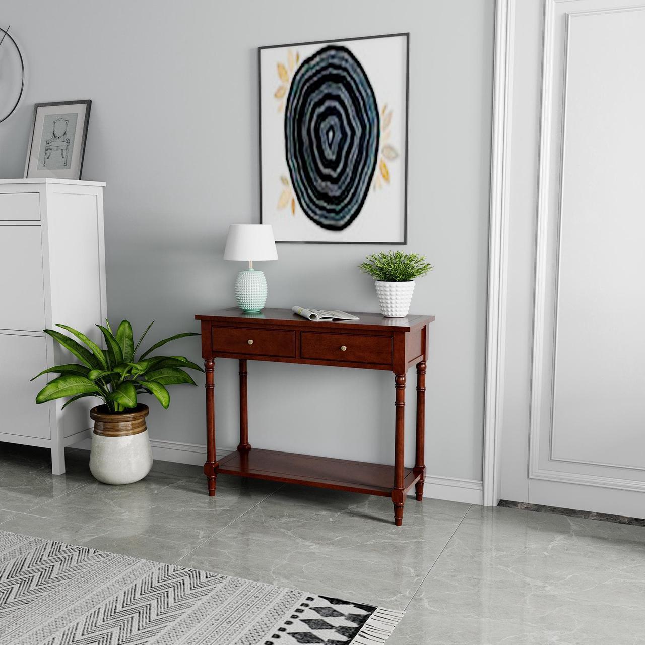 Alt view image 3 of 7 - ASARUDA Solid Wood Console Entry Table with 2 Drawers, Accent Sofa Table with Storage Shelf, Narrow Entryway Hall Table for Living Room Office Easy Assembly 35.54" L x 30" H x 13.78" W Brown