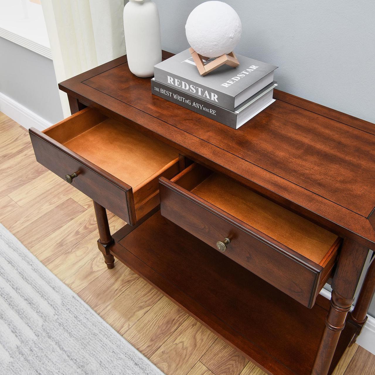 Alt view image 7 of 7 - ASARUDA Solid Wood Console Entry Table with 2 Drawers, Accent Sofa Table with Storage Shelf, Narrow Entryway Hall Table for Living Room Office Easy Assembly 35.54" L x 30" H x 13.78" W Brown