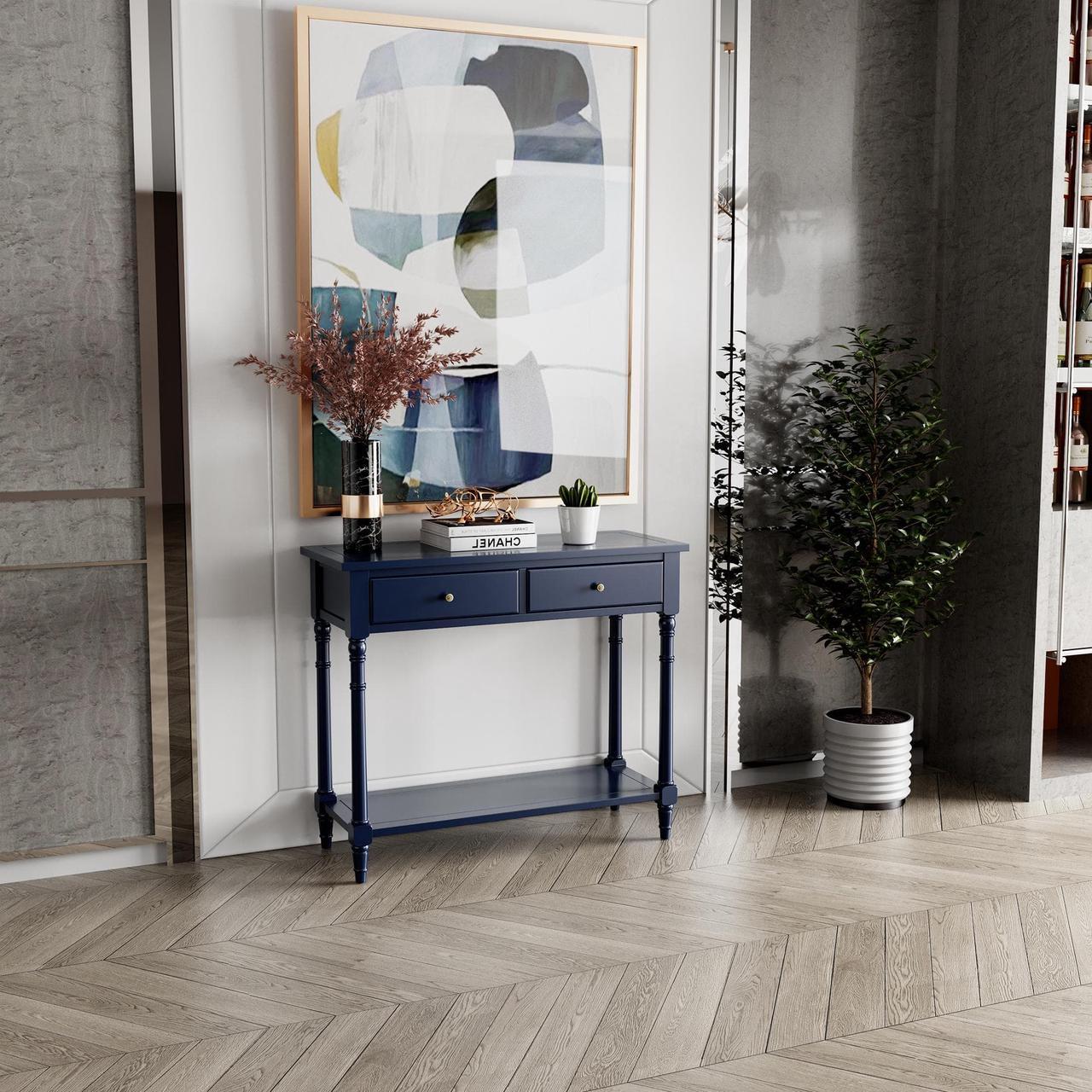 Alt view image 7 of 7 - ASARUDA Solid Wood Console Entry Table with 2 Drawers, Accent Sofa Table with Storage Shelf, Narrow Entryway Hall Table for Living Room Office Easy Assembly 35.54" L x 30" H x 13.78" W Blue
