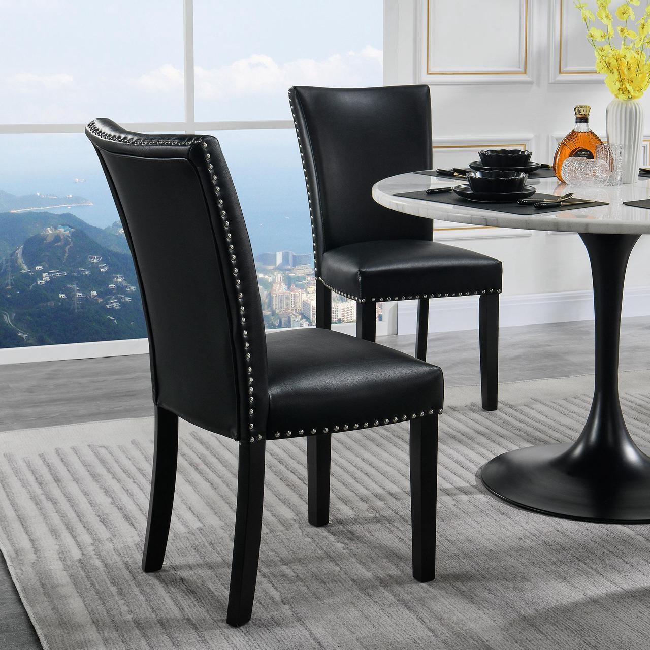 Alt view image 7 of 7 - Parsons Chairs Faux Leather Dining Chairs Set of 2, Upholstered Mid Century Modern Kitchen Chairs with Nail-Head Trim Black