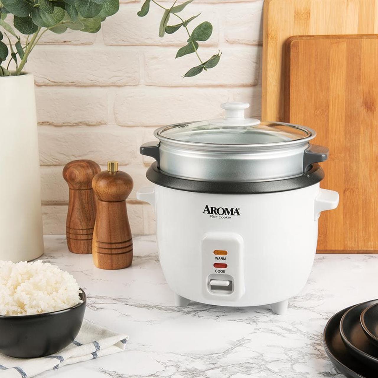 Alt view image 5 of 5 - Aroma 3-Cup Rice Cooker And Food Steamer, White