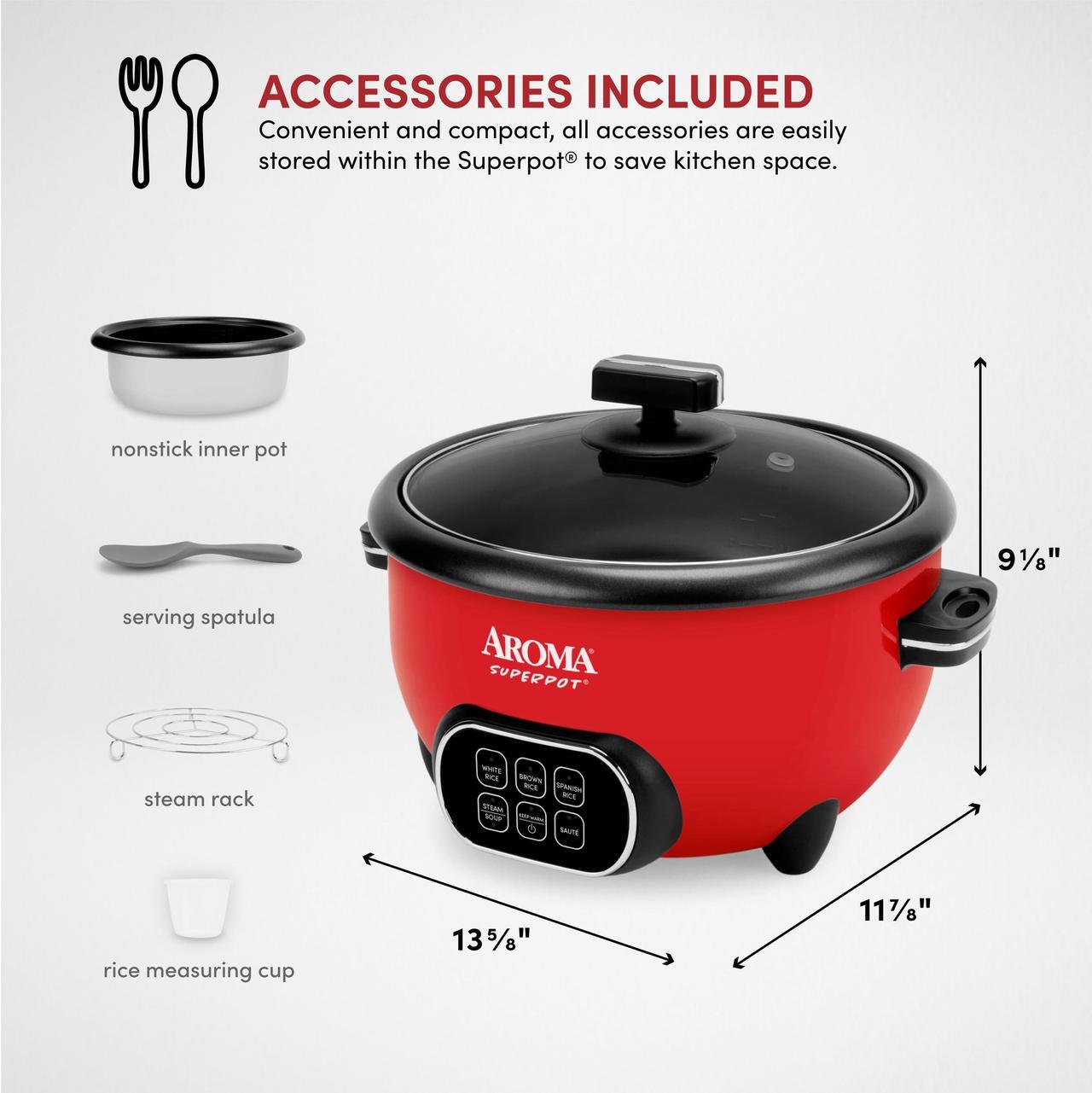 Alt view image 4 of 6 - AROMA® 20-Cup (Cooked) Super Pot® Rice & Grain Cooker, Food Steamer & Multicooker with Sauté, Soup, and Spanish Rice Functions, Automatic Keep Warm Mode, Steam Rack Included, Red (ARC-1021DR)