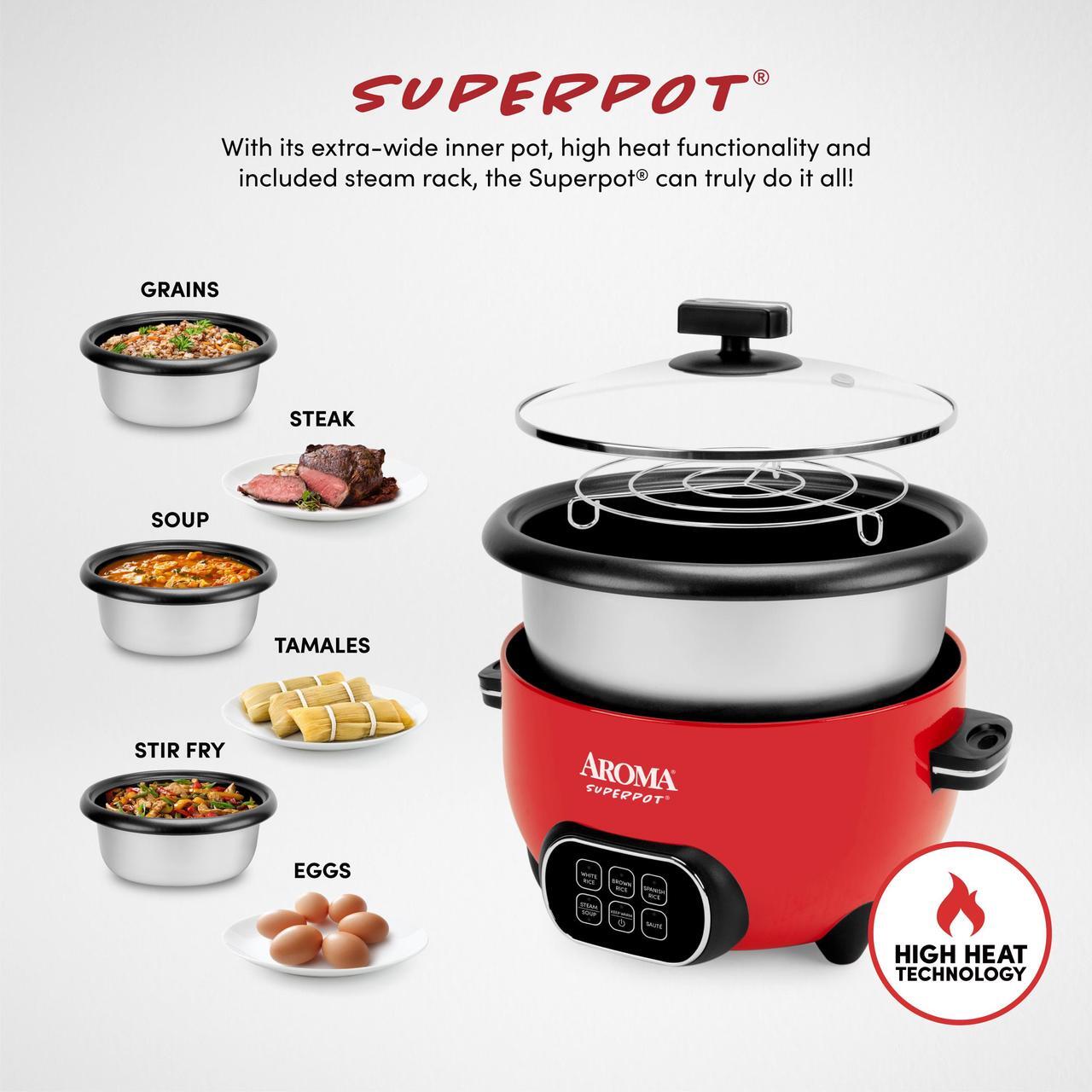 Alt view image 2 of 6 - AROMA® 20-Cup (Cooked) Super Pot® Rice & Grain Cooker, Food Steamer & Multicooker with Sauté, Soup, and Spanish Rice Functions, Automatic Keep Warm Mode, Steam Rack Included, Red (ARC-1021DR)