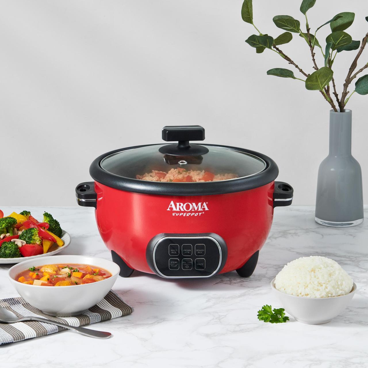 Alt view image 6 of 6 - AROMA® 20-Cup (Cooked) Super Pot® Rice & Grain Cooker, Food Steamer & Multicooker with Sauté, Soup, and Spanish Rice Functions, Automatic Keep Warm Mode, Steam Rack Included, Red (ARC-1021DR)