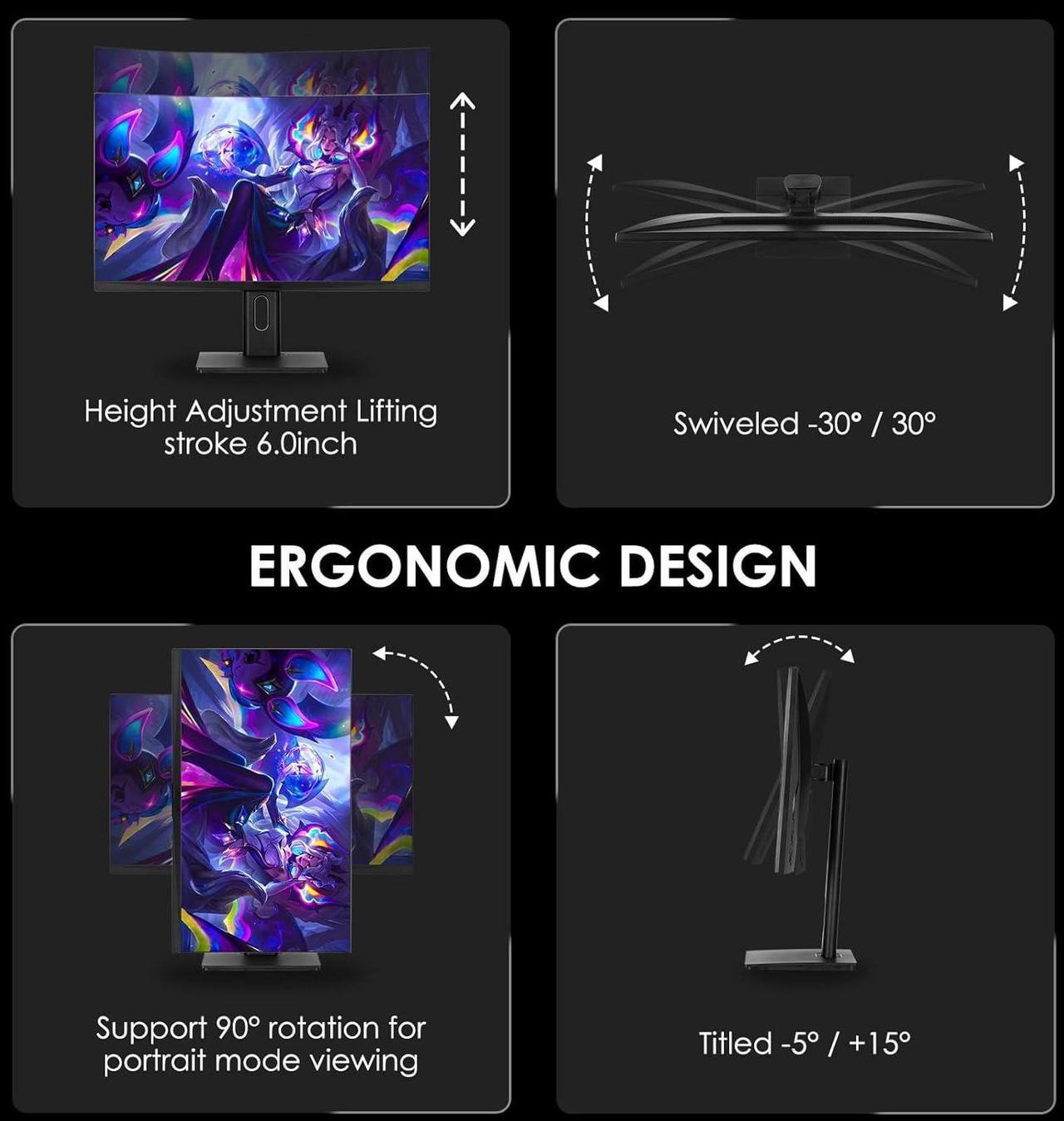Alt view image 6 of 7 - 27" IPS 180Hz Gaming Monitor, 0.5ms Response time, 2560x1440, 320 Nits, 100% sRGB, FreeSync, VESA75*75mm, HDR10, Adjustable Tilt & Swivel computer monitor