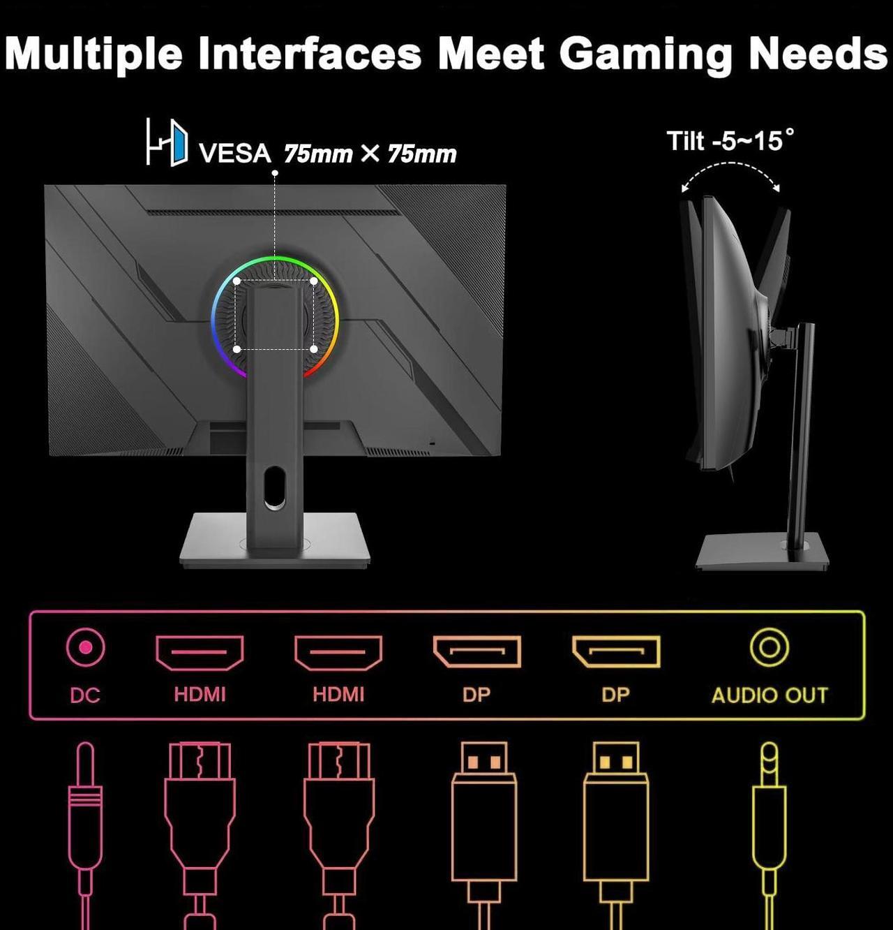 Alt view image 7 of 7 - 27" IPS 180Hz Gaming Monitor, 0.5ms Response time, 2560x1440, 320 Nits, 100% sRGB, FreeSync, VESA75*75mm, HDR10, Adjustable Tilt & Swivel computer monitor