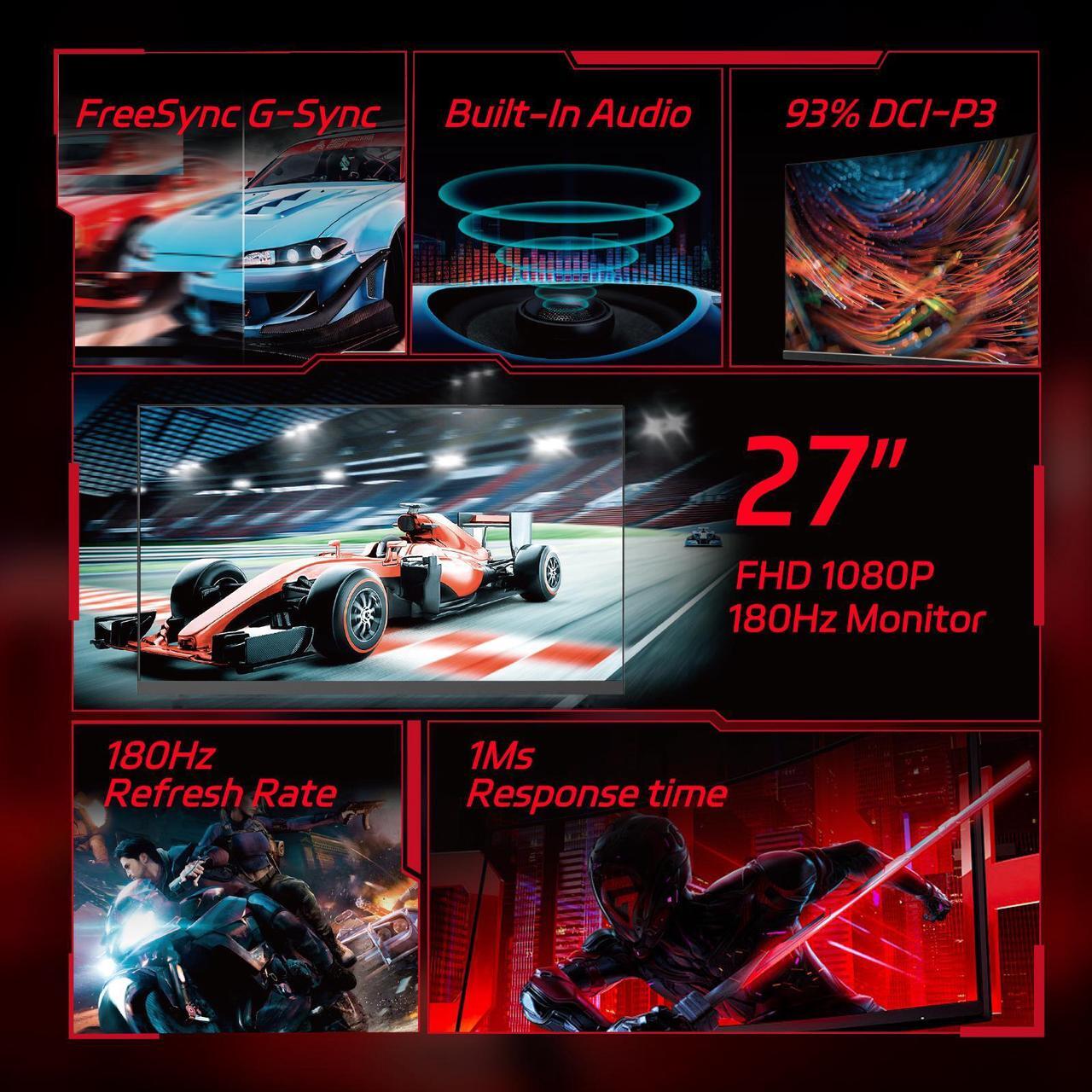 Alt view image 2 of 7 - 27" FHD 1080P gaming Monitor, 180Hz Refresh Rate, 1ms Response Time, FreeSync & G-Sync Compatible, VESA Mountable (75mm x 75mm), HDMI/DP/USB-A/Earphone/Power Ports