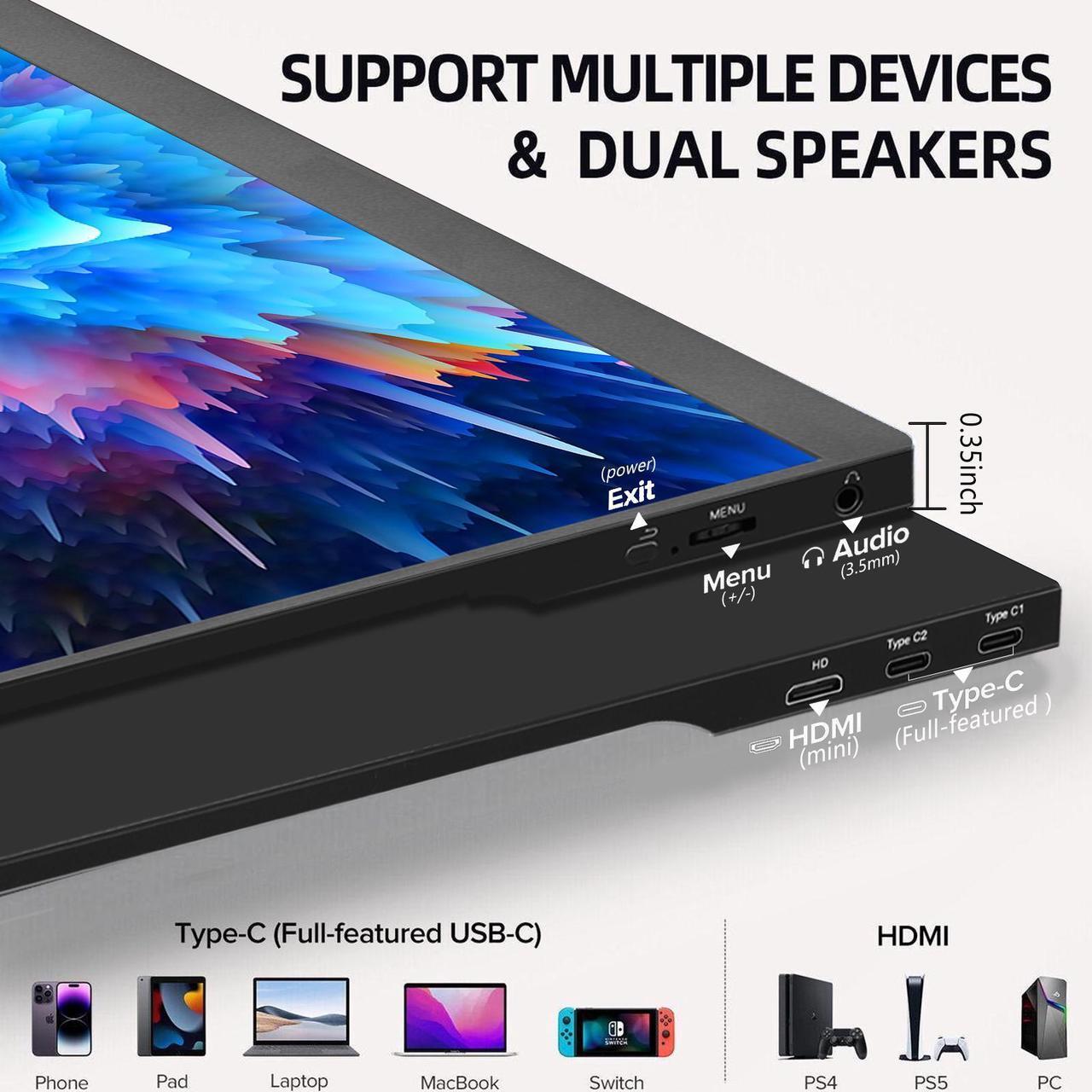 Alt view image 5 of 7 - ReHisk 15.6 inch Portable Monitor IPS FHD 1080P HDR gaming monitor for laptop with HDMI USB-C Computer Second External Monitor Eye Care dual speakers black for PC Phone PS4 Xbox