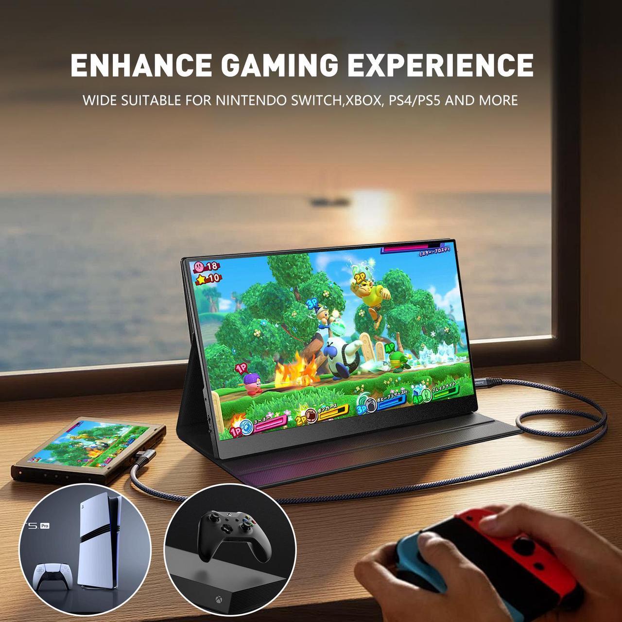 Alt view image 4 of 7 - REHISK 15.6 inch Portable Monitor FHD 1080P gaming monitor External Monitor with mini HDMI and USB-C for Laptop PC Mac Phones PS4/5 Xbox nintendo switch built in 2 speakers Build in stand