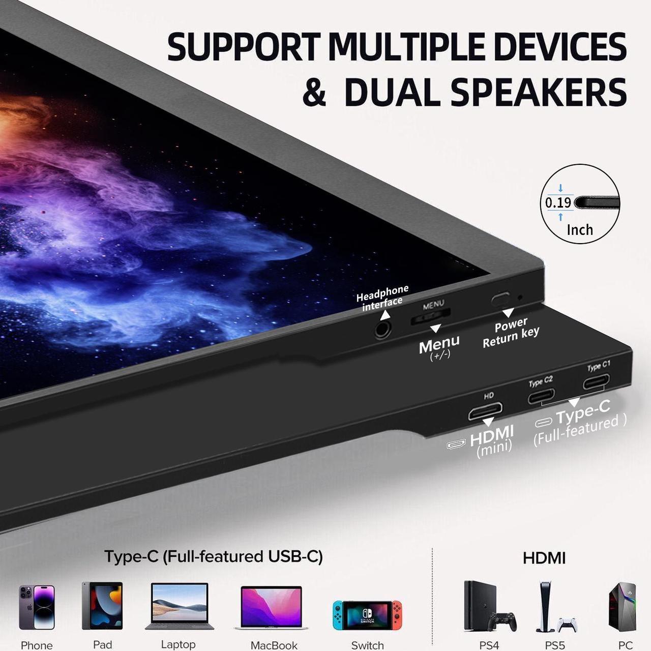 Alt view image 5 of 7 - REHISK 15.6 inch Portable Monitor FHD 1080P gaming monitor External Monitor with mini HDMI and USB-C for Laptop PC Mac Phones PS4/5 Xbox nintendo switch built in 2 speakers Build in stand