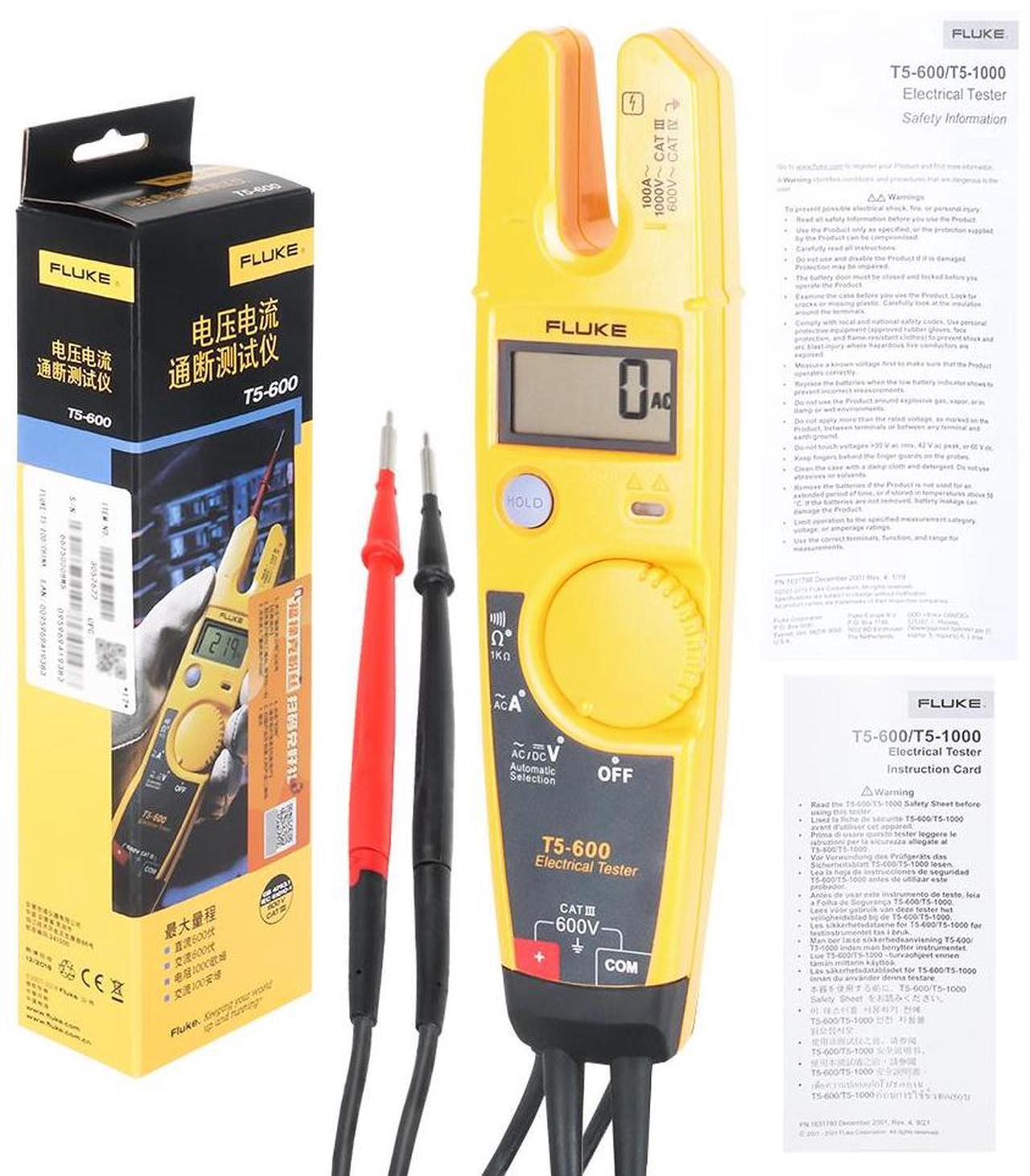 Main image of Fluke T5-600 Clamp Meter, LCD, 100 A, 0.5 in (13 mm) Jaw Capacity, Cat III 600V
