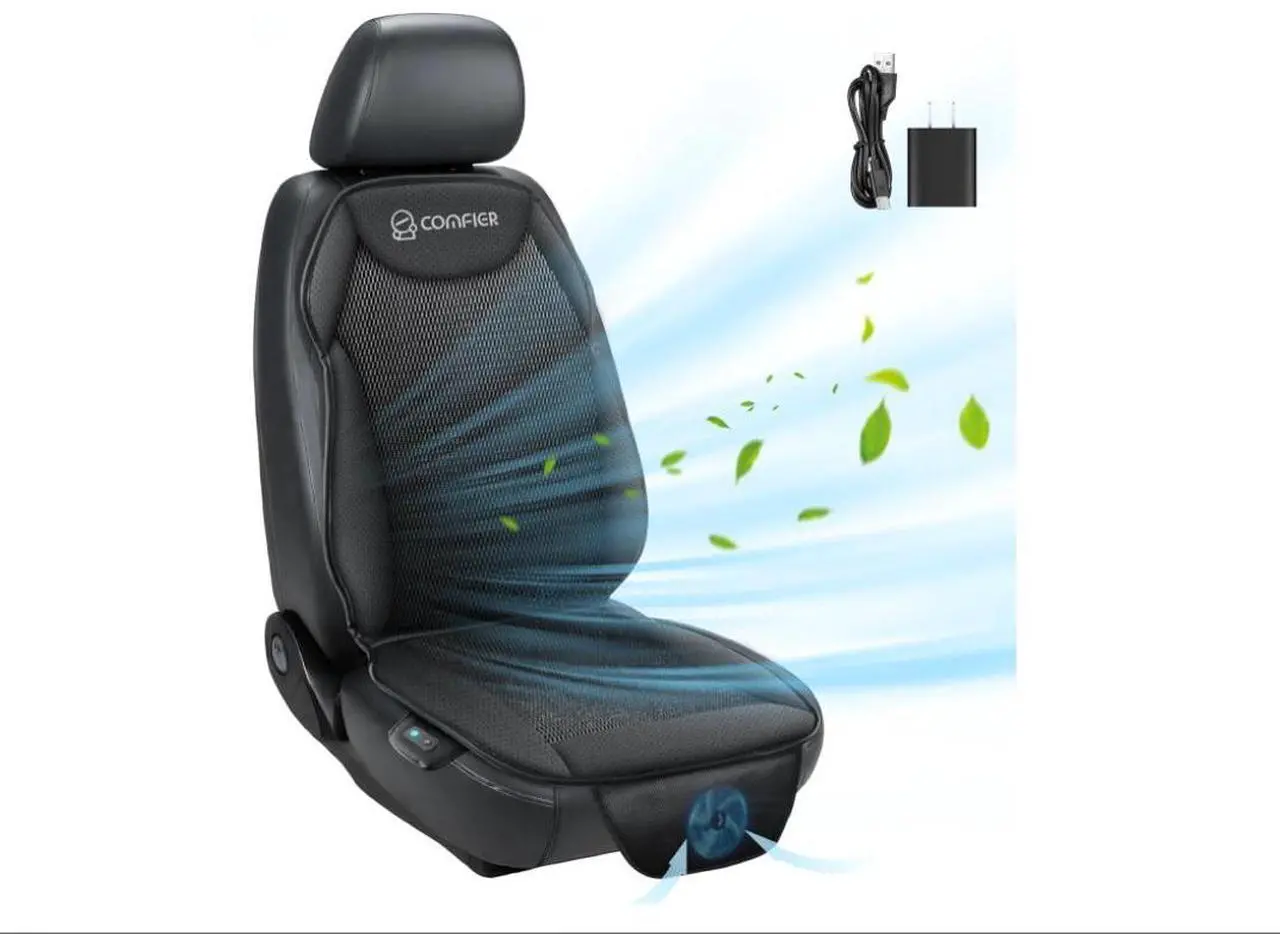 Main image of Funda de asiento de coche de refrigeración para asientos delanteros de automóvil, almohadilla de enfriamiento negra de 12 V, fundas de asiento delantero para autos, camiones, SUV, universal