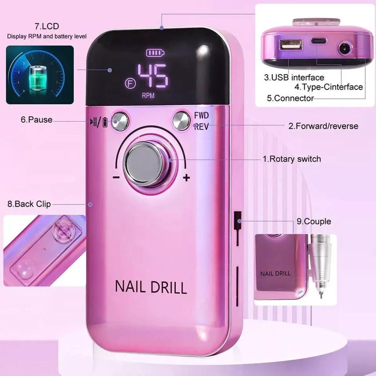 Alt view image 3 of 7 - 3pcs *Professional Electric Nail Drill Machine 45000RPM Portable 2025