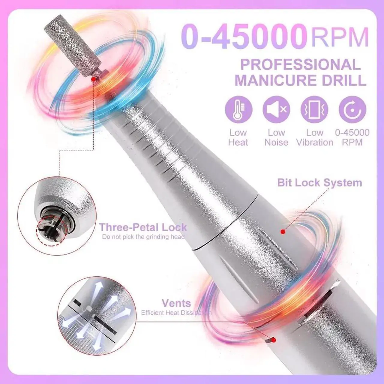 Alt view image 6 of 7 - 3pcs *Professional Electric Nail Drill Machine 45000RPM Portable 2025