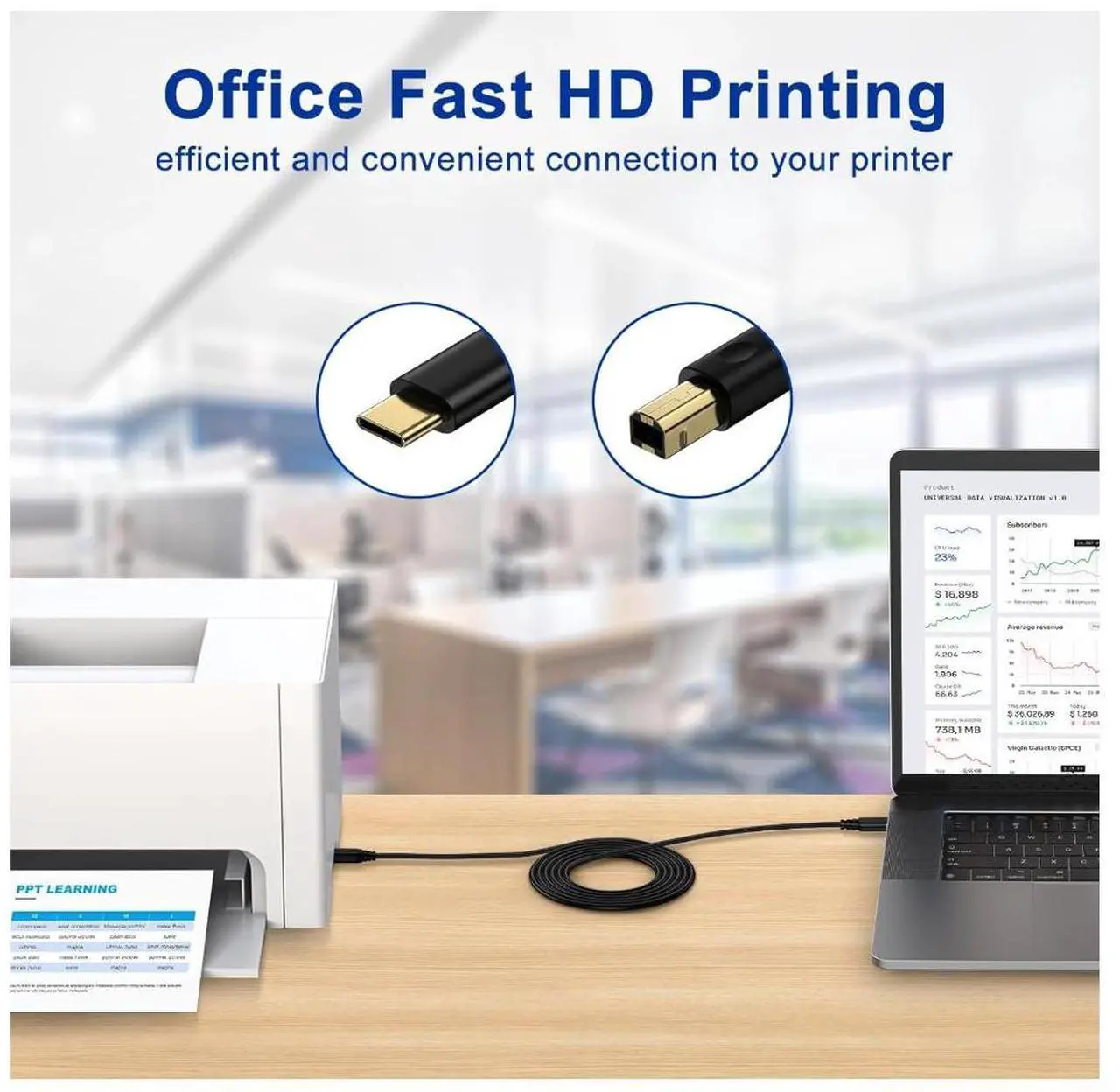 Alt view image 2 of 4 - Cable-USB-C to USB-B 2.0 Cable for Printer or External Hard Drive, Gold-Plated Connectors, 10 Foot, Black.15 ft.