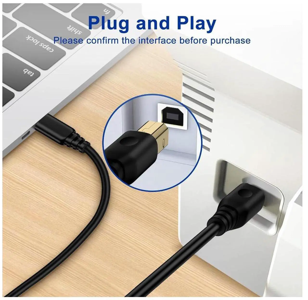 Alt view image 4 of 4 - Cable-USB-C to USB-B 2.0 Cable for Printer or External Hard Drive, Gold-Plated Connectors, 10 Foot, Black.15 ft.