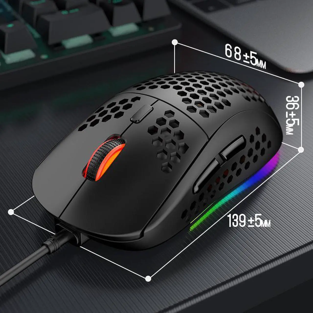 Alt view image 7 of 7 - M8 Gaming Mouse, Honeycomb Hollow Design Ergonomic Wired Mouse with Backlight, up to 6400 DPI, RGB Gaming Mouse for Laptop DPI Adjustable Portable Computer Accessory, Black