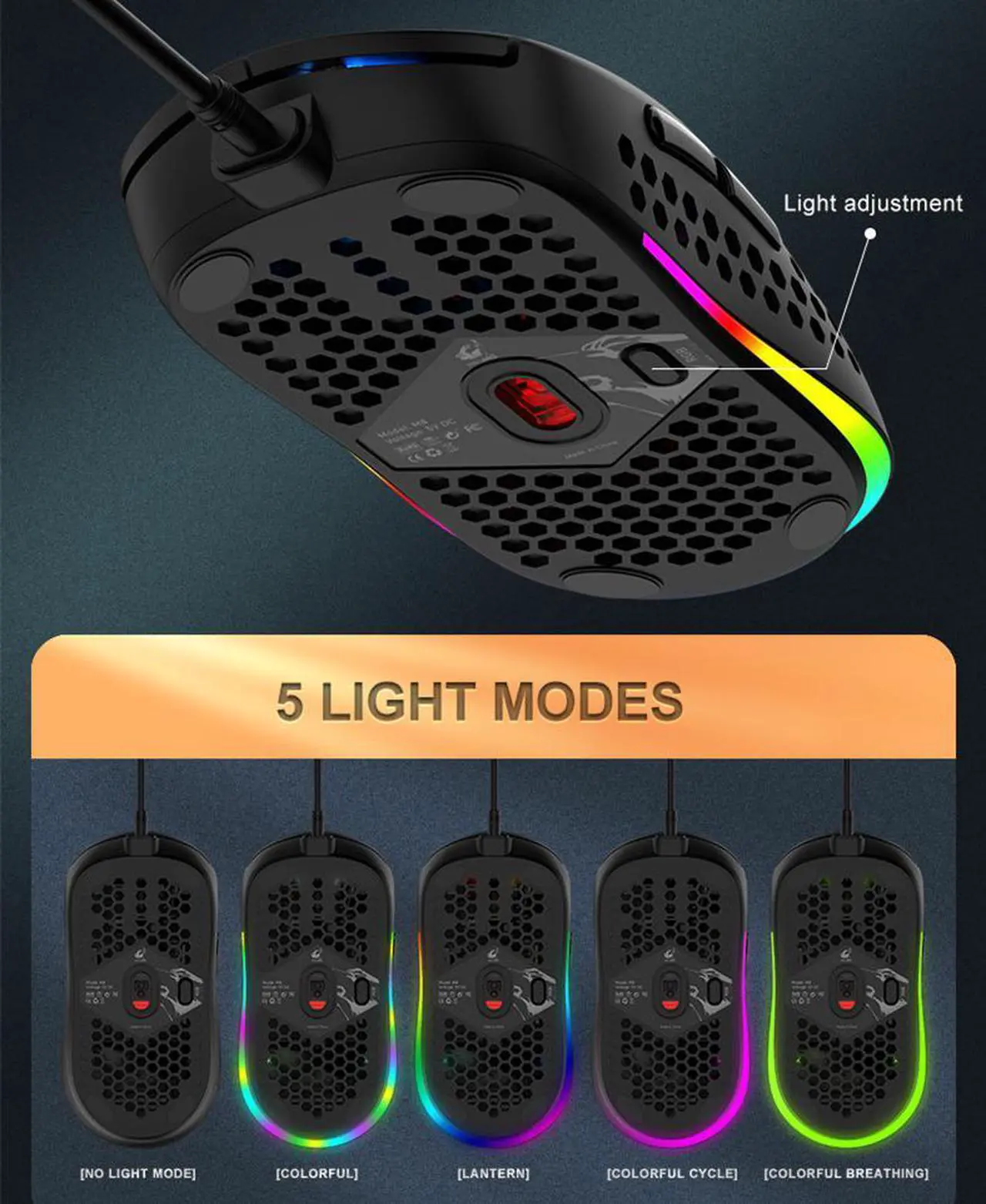 Alt view image 4 of 7 - M8 Gaming Mouse, Honeycomb Hollow Design Ergonomic Wired Mouse with Backlight, up to 6400 DPI, RGB Gaming Mouse for Laptop DPI Adjustable Portable Computer Accessory, Black