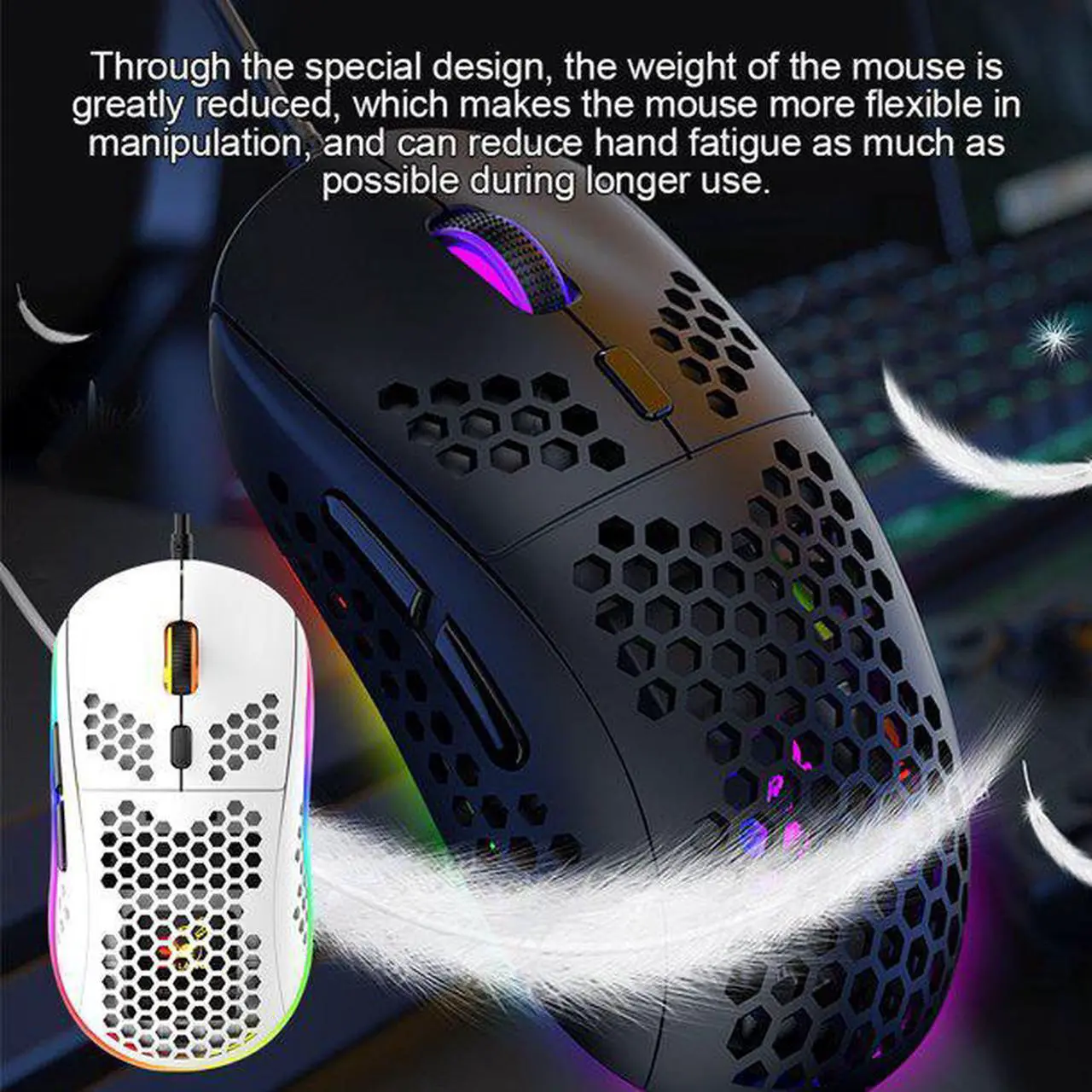 Alt view image 5 of 6 - M8 Gaming Mouse, Honeycomb Hollow Design Ergonomic Wired Mouse with Backlight, up to 6400 DPI, RGB Gaming Mouse for Laptop DPI Adjustable Portable Computer Accessory,White
