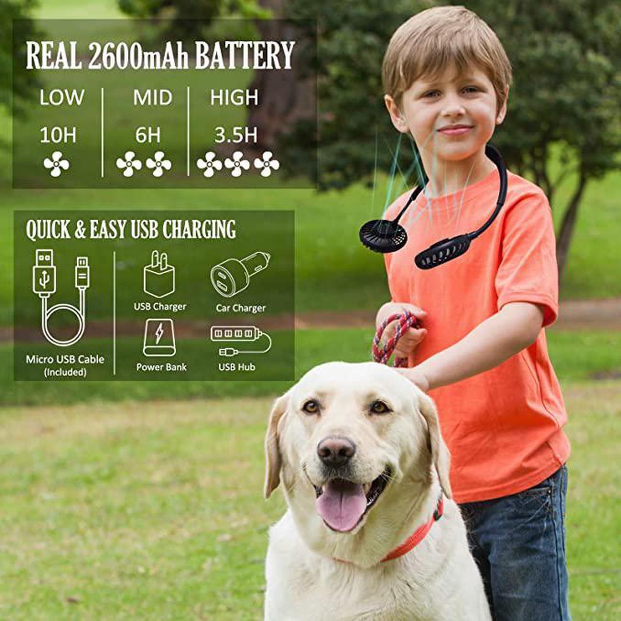 Alt view image 2 of 7 - Neck Fan, Rechargeable Battery Operated Portable Fan 2600mAh, Hands Free Personal Fan Hang Around Neck Fans, Wearable Small Fan for Outdoor Working Battery Powered USB Fan Over 12 Hours Constant Cool