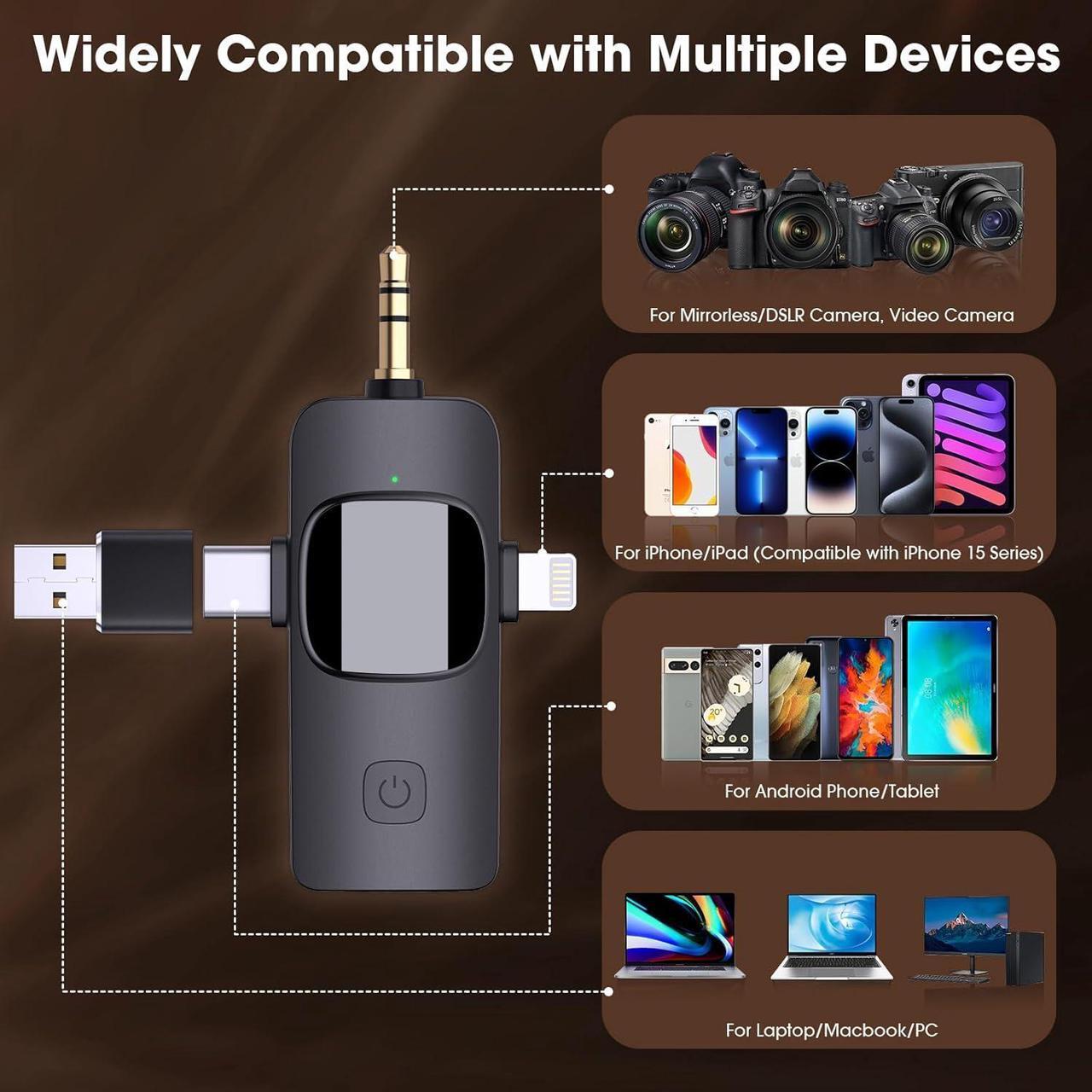 Alt view image 2 of 7 - Dual Wireless Lavalier Microphones for iPhone Android Camera Laptop PC, 4 in 1 Wireless Lapel Mic for Video Recording Vlog, YouTube, TikTok, With Lightning/USB-C/3.5mm/USB Plug