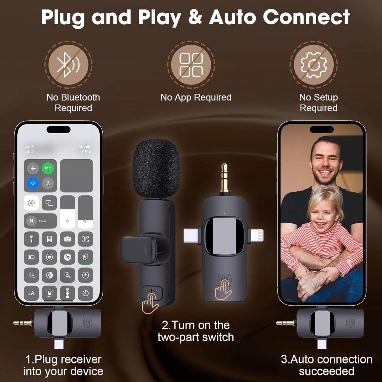 Alt view image 5 of 7 - Dual Wireless Lavalier Microphones for iPhone Android Camera Laptop PC, 4 in 1 Wireless Lapel Mic for Video Recording Vlog, YouTube, TikTok, With Lightning/USB-C/3.5mm/USB Plug