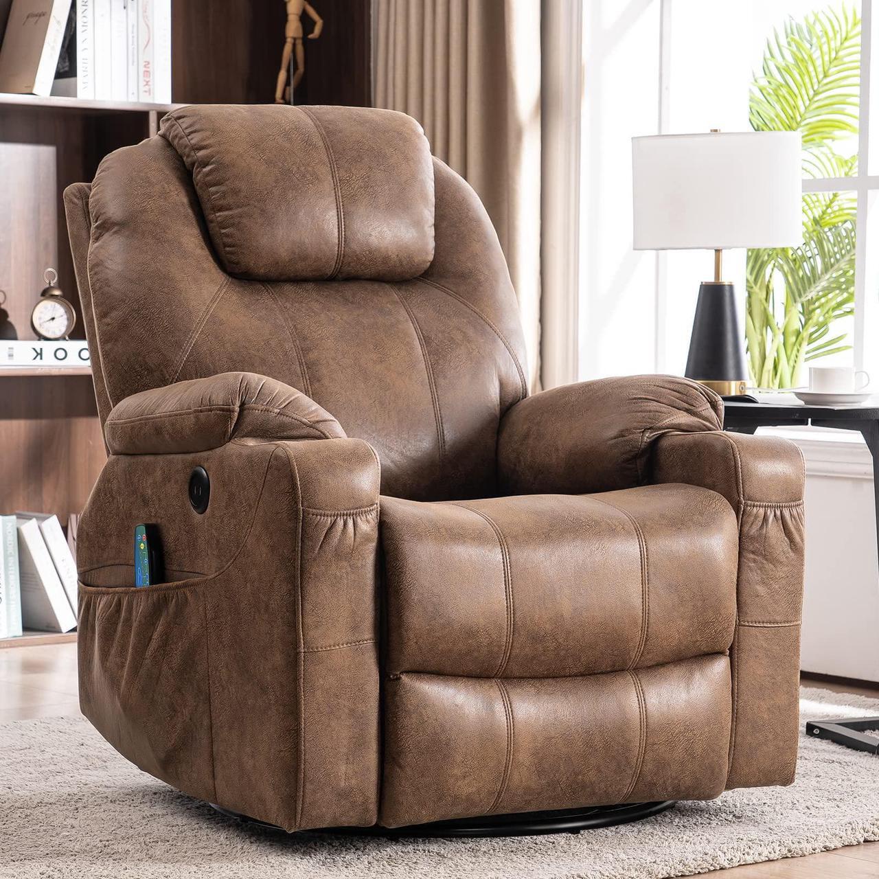 Main image of MEETWARM Swivel Rocker Massage Recliner Chair with Heat Ergonomic, Manual Glider Rocking Recliner Chair, 360° Swivel Lounge Reclining Chair with 4 Pockets/Cup Holders/Remote Control/USB Ports (Brown)