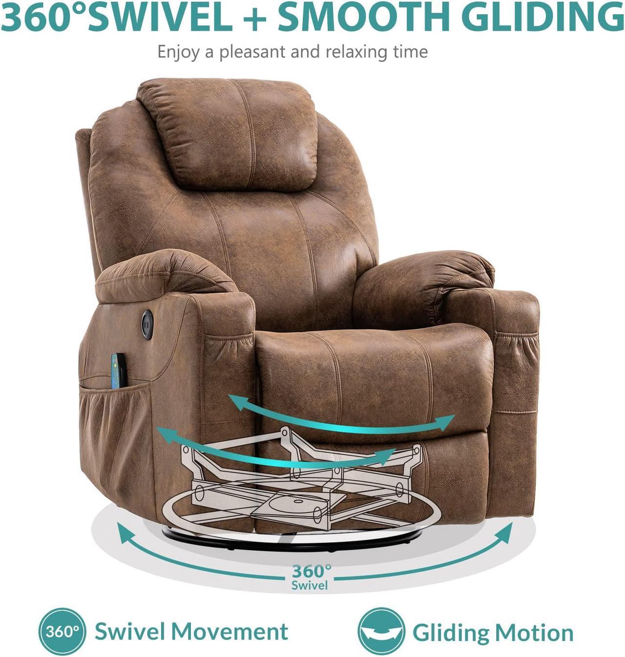 Alt view image 2 of 7 - MEETWARM Swivel Rocker Massage Recliner Chair with Heat Ergonomic, Manual Glider Rocking Recliner Chair, 360° Swivel Lounge Reclining Chair with 4 Pockets/Cup Holders/Remote Control/USB Ports (Brown)