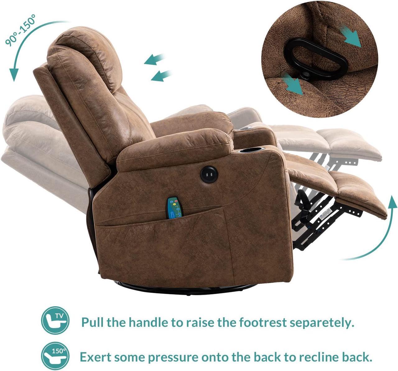 Alt view image 6 of 7 - MEETWARM Swivel Rocker Massage Recliner Chair with Heat Ergonomic, Manual Glider Rocking Recliner Chair, 360° Swivel Lounge Reclining Chair with 4 Pockets/Cup Holders/Remote Control/USB Ports (Brown)