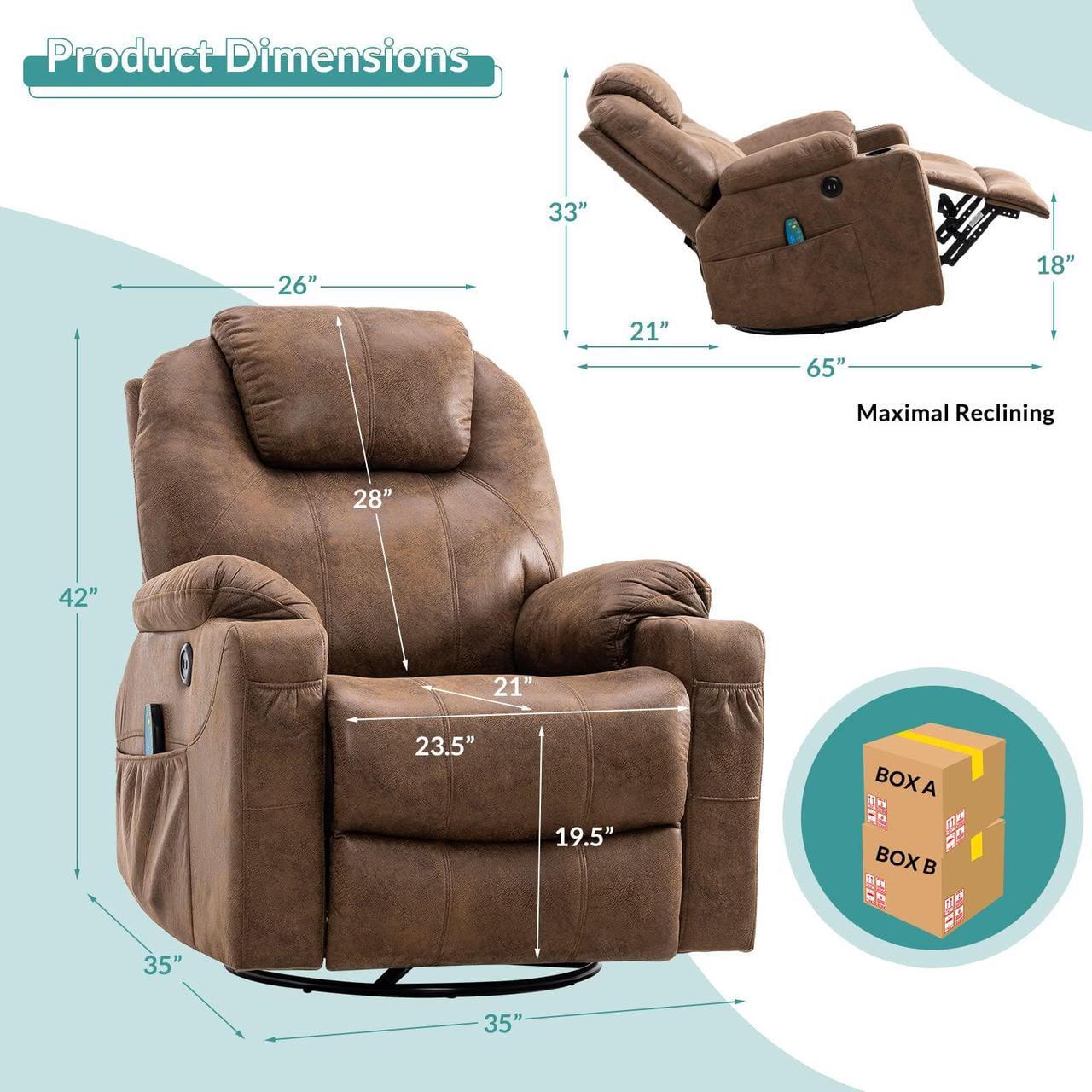 Alt view image 3 of 7 - MEETWARM Swivel Rocker Massage Recliner Chair with Heat Ergonomic, Manual Glider Rocking Recliner Chair, 360° Swivel Lounge Reclining Chair with 4 Pockets/Cup Holders/Remote Control/USB Ports (Brown)