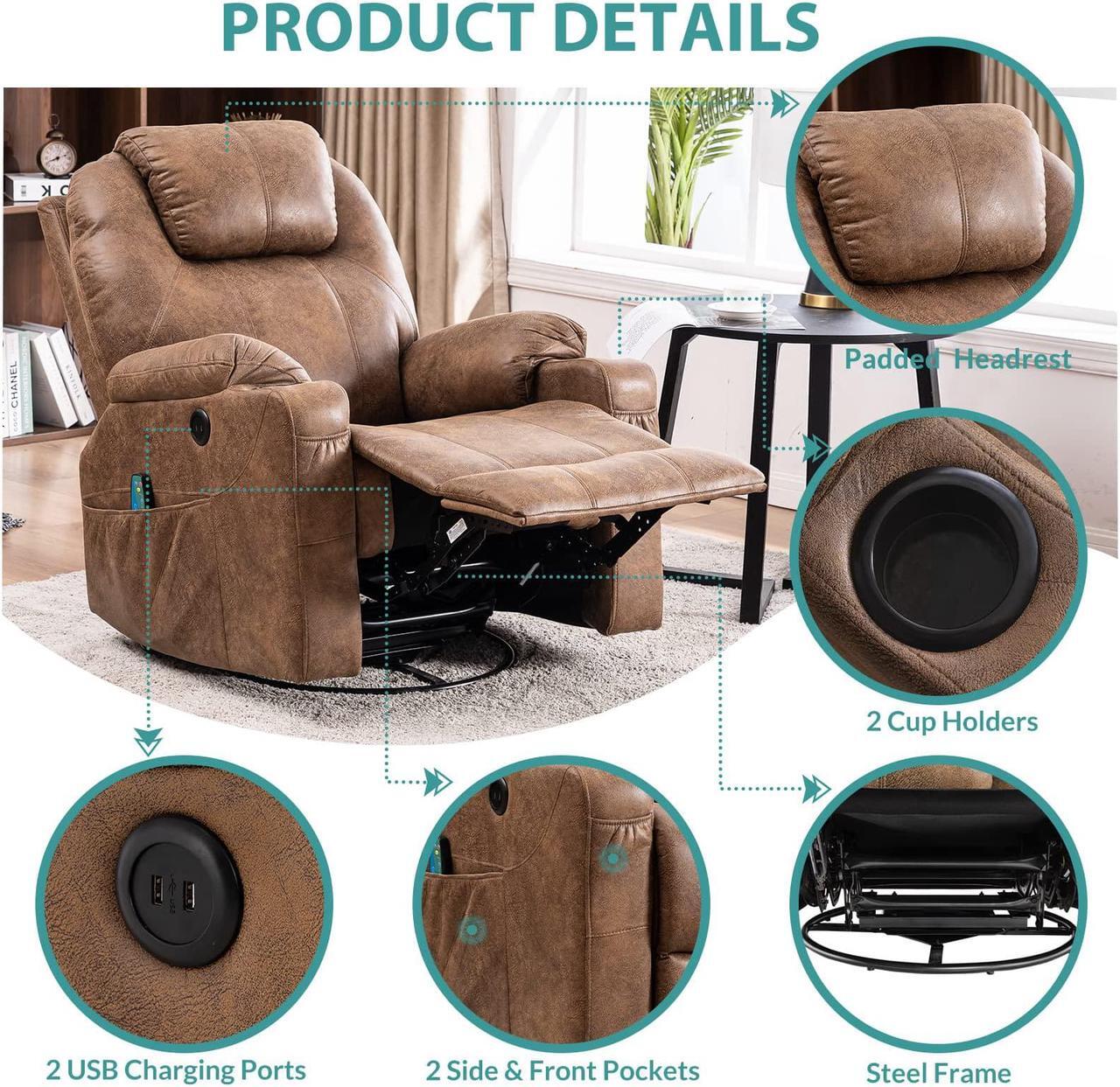 Alt view image 5 of 7 - MEETWARM Swivel Rocker Massage Recliner Chair with Heat Ergonomic, Manual Glider Rocking Recliner Chair, 360° Swivel Lounge Reclining Chair with 4 Pockets/Cup Holders/Remote Control/USB Ports (Brown)