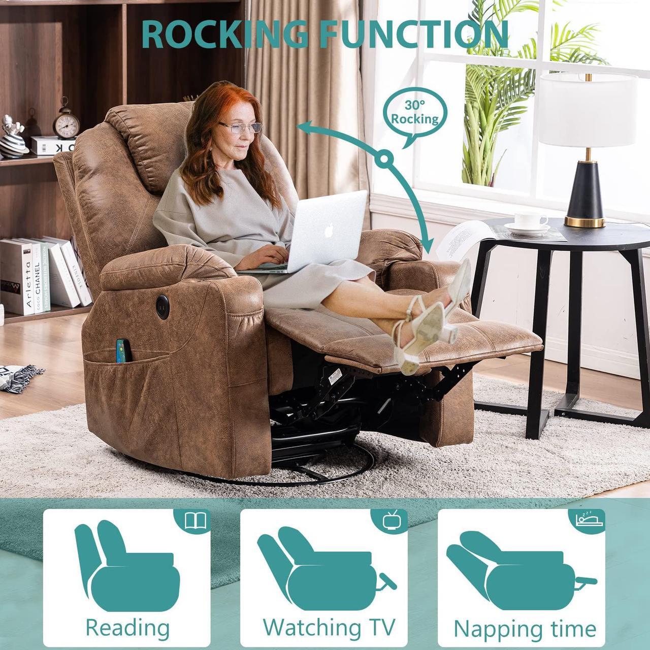 Alt view image 7 of 7 - MEETWARM Swivel Rocker Massage Recliner Chair with Heat Ergonomic, Manual Glider Rocking Recliner Chair, 360° Swivel Lounge Reclining Chair with 4 Pockets/Cup Holders/Remote Control/USB Ports (Brown)