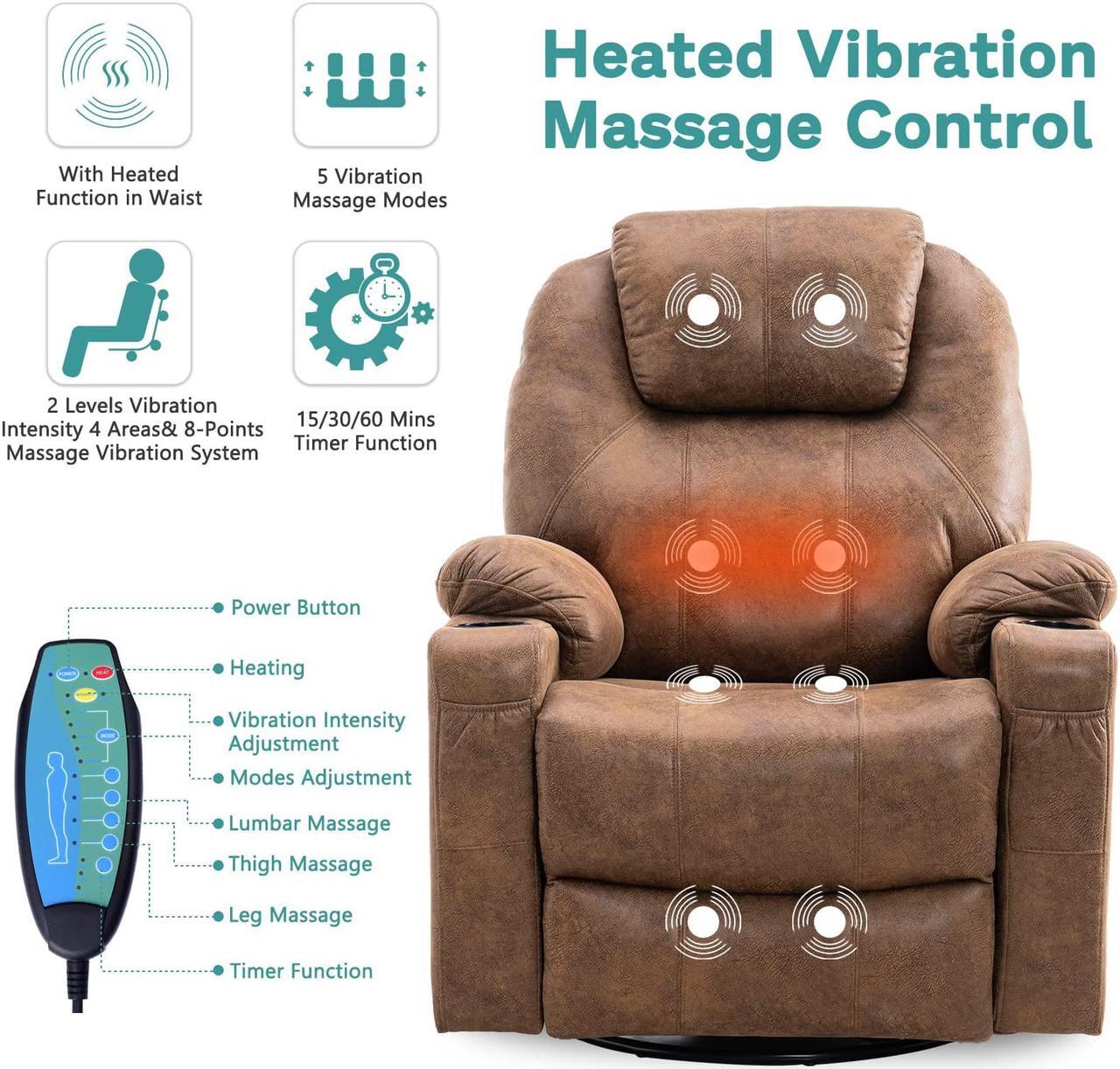 Alt view image 4 of 7 - MEETWARM Swivel Rocker Massage Recliner Chair with Heat Ergonomic, Manual Glider Rocking Recliner Chair, 360° Swivel Lounge Reclining Chair with 4 Pockets/Cup Holders/Remote Control/USB Ports (Brown)