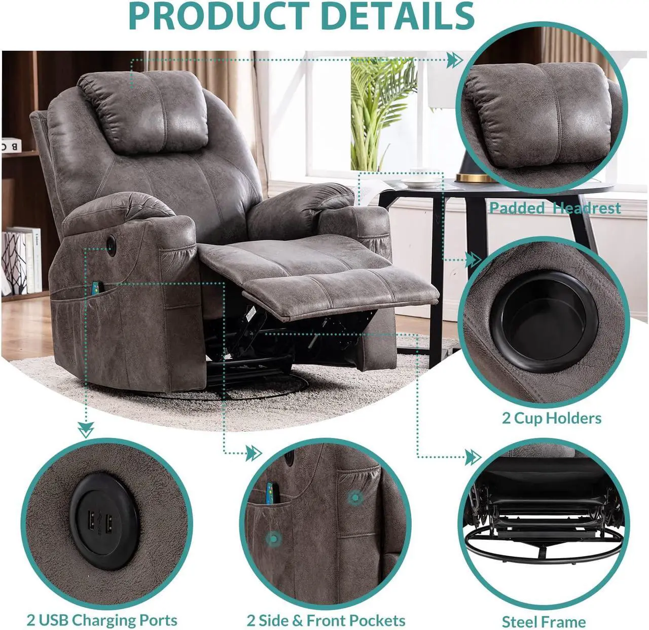 Alt view image 5 of 7 - MEETWARM Swivel Rocker Massage Recliner Chair with Heat Ergonomic, Manual Glider Rocking Recliner Chair, 360° Swivel Lounge Reclining Chair with 4 Pockets/Cup Holders/Remote Control/USB Ports (Grey)
