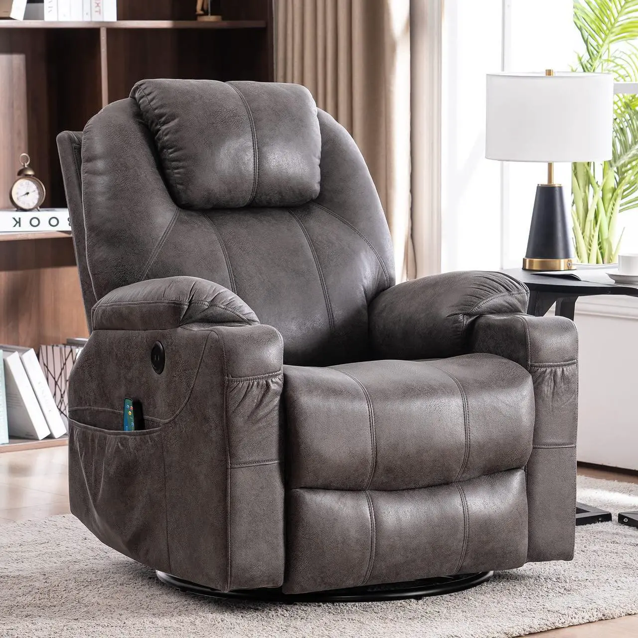 Main image of MEETWARM Swivel Rocker Massage Recliner Chair with Heat Ergonomic, Manual Glider Rocking Recliner Chair, 360° Swivel Lounge Reclining Chair with 4 Pockets/Cup Holders/Remote Control/USB Ports (Grey)