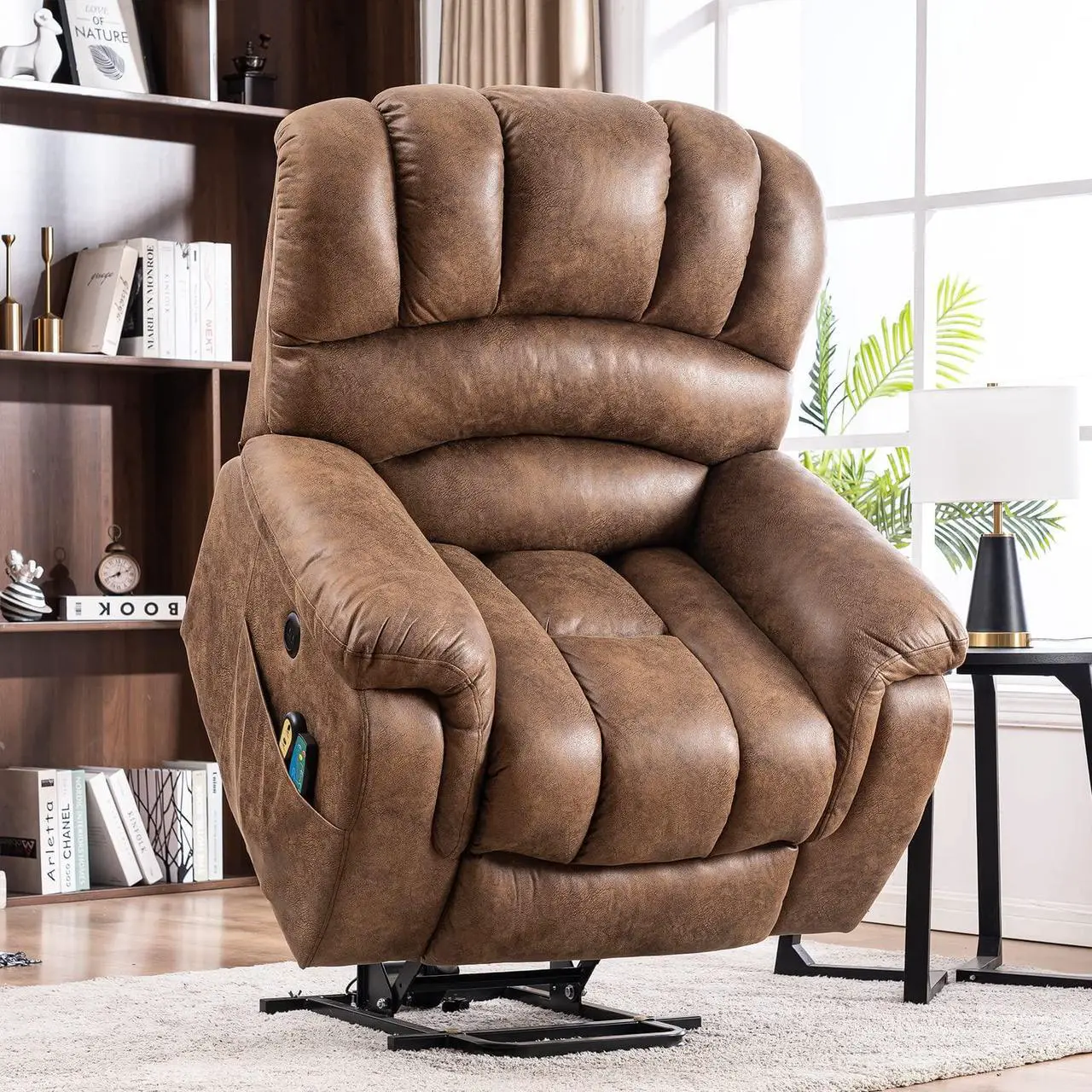 Main image of MEETWARM Large Power Lift Electric Recliner Chair with Massage and Heat, Overstuffed Wide Recliner for Elderly Big People, Heavy Duty Recliners with 2 Remote Controls, USB Ports, 2 Side Pockets(Brown)
