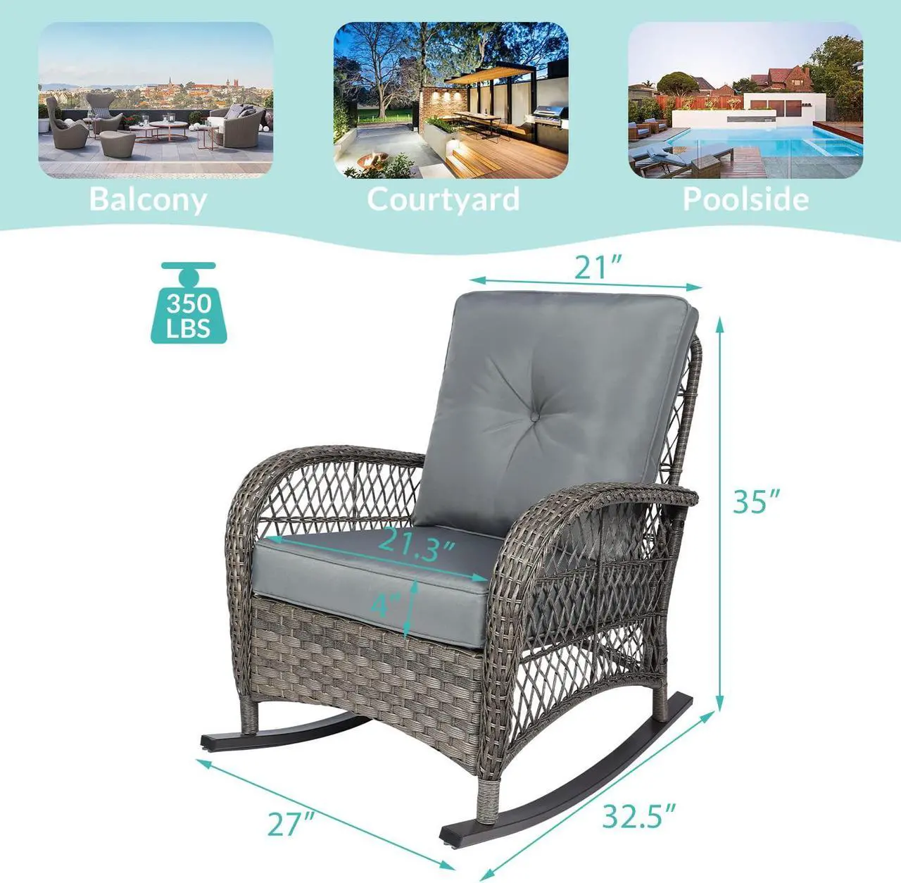Alt view image 2 of 7 - MEETWARM Outdoor Wicker Rocking Chair, Rattan Patio Rocker Chairs with Cushions and Steel Frame - Gray