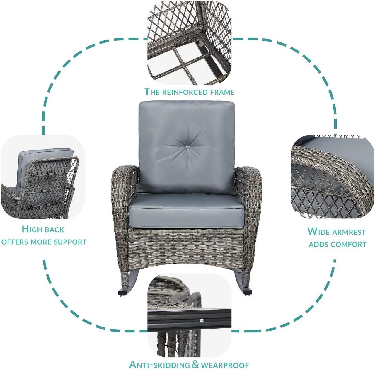 Alt view image 3 of 7 - MEETWARM Outdoor Wicker Rocking Chair, Rattan Patio Rocker Chairs with Cushions and Steel Frame - Gray