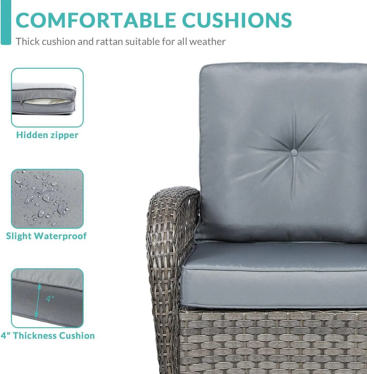 Alt view image 6 of 7 - MEETWARM Outdoor Wicker Rocking Chair, Rattan Patio Rocker Chairs with Cushions and Steel Frame - Gray