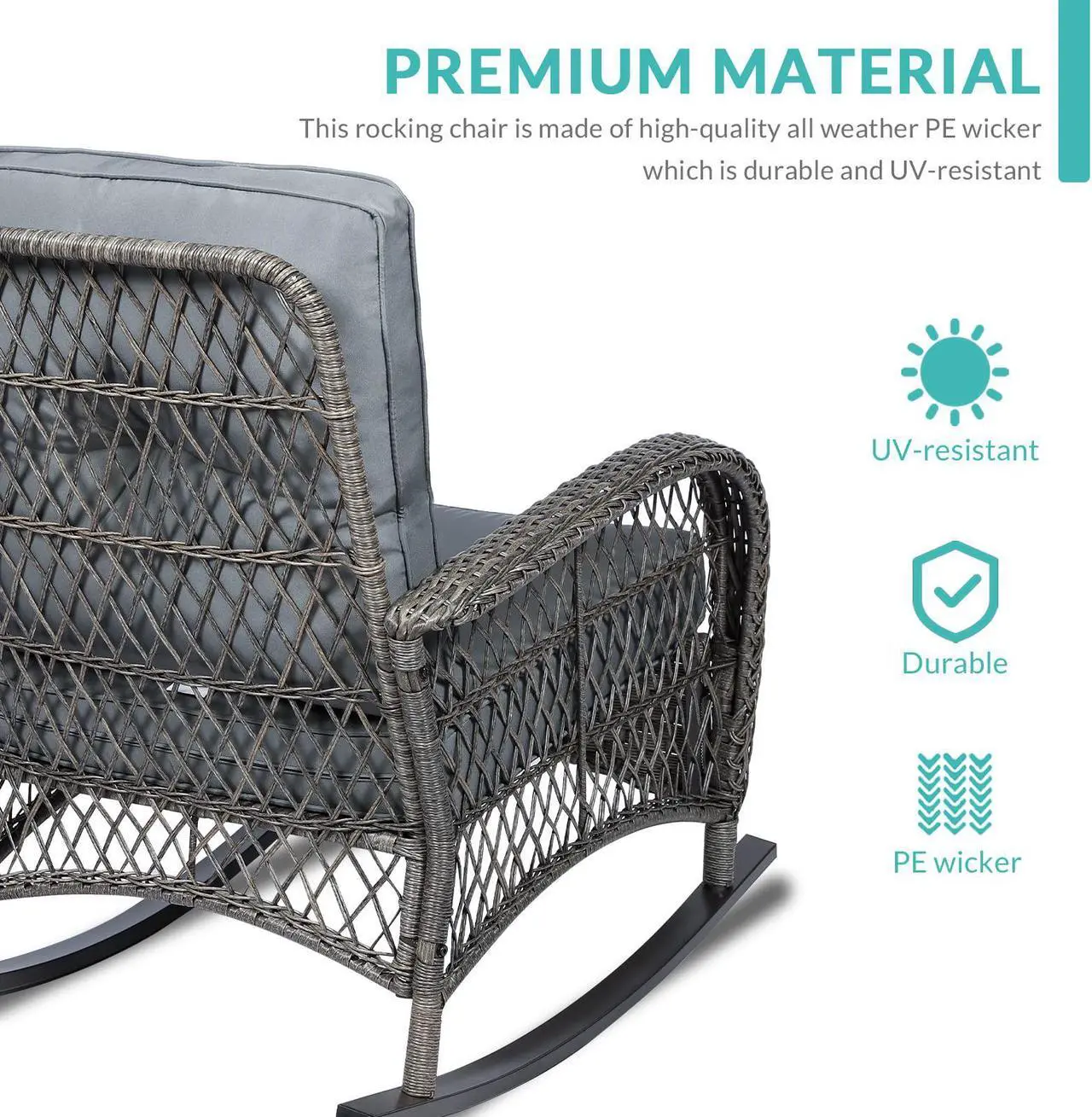 Alt view image 5 of 7 - MEETWARM Outdoor Wicker Rocking Chair, Rattan Patio Rocker Chairs with Cushions and Steel Frame - Gray
