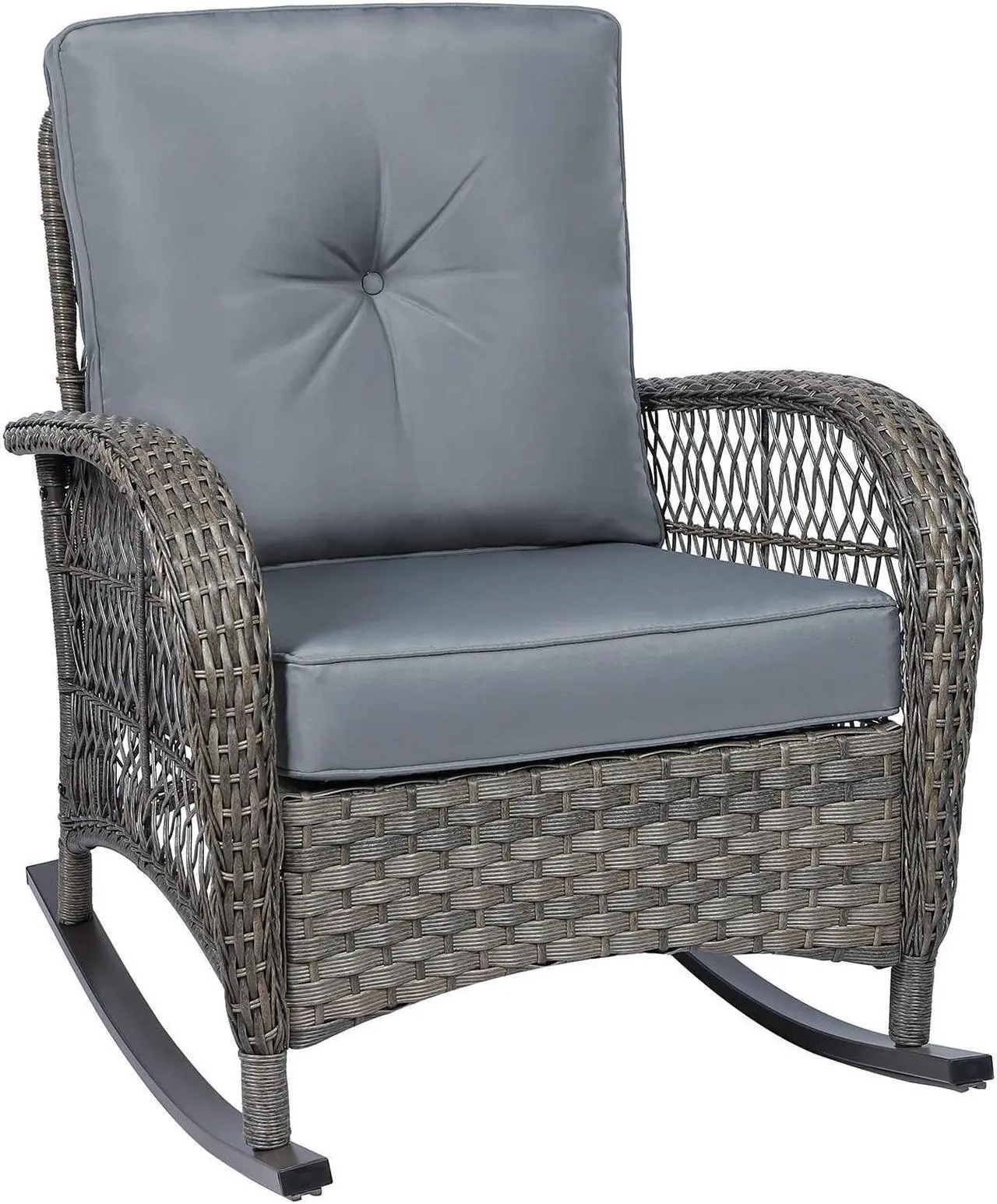 Alt view image 7 of 7 - MEETWARM Outdoor Wicker Rocking Chair, Rattan Patio Rocker Chairs with Cushions and Steel Frame - Gray