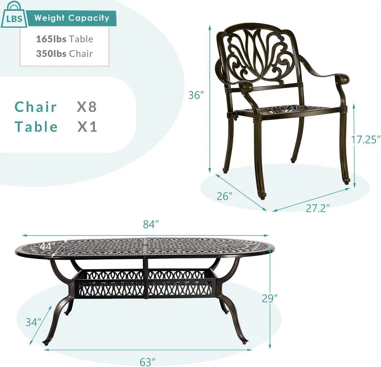 Alt view image 6 of 7 - MEETWARM 9-Piece Outdoor Patio Dining Set, 8 Outdoor Dining Chairs and 1 Oval Table with 2" Umbrella Hole, All Weather Cast Aluminum Patio Funiture Set for Backyard, Patio, Garden