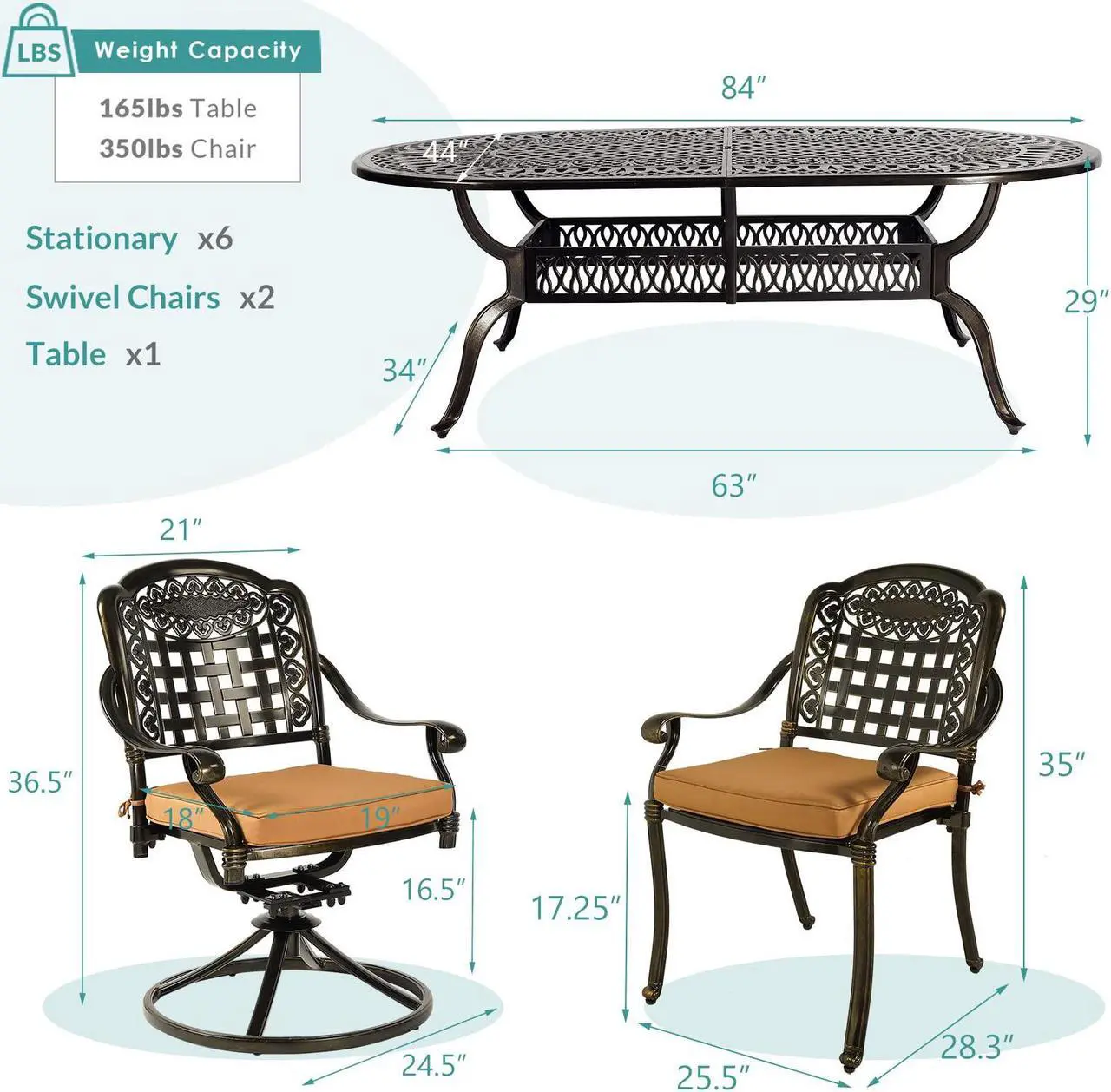 Alt view image 6 of 7 - MEETWARM 9-Piece Outdoor Patio Dining Set, All-Weather Cast Aluminum Patio Conversation Set with 6 Stationary, 2 Swivel Rocker Chairs, 1 Oval Table, 8 Cushions, 2" Umbrella Hole