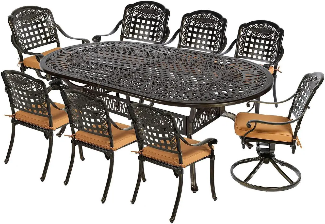 Main image of MEETWARM 9-Piece Outdoor Patio Dining Set, All-Weather Cast Aluminum Patio Conversation Set with 6 Stationary, 2 Swivel Rocker Chairs, 1 Oval Table, 8 Cushions, 2" Umbrella Hole