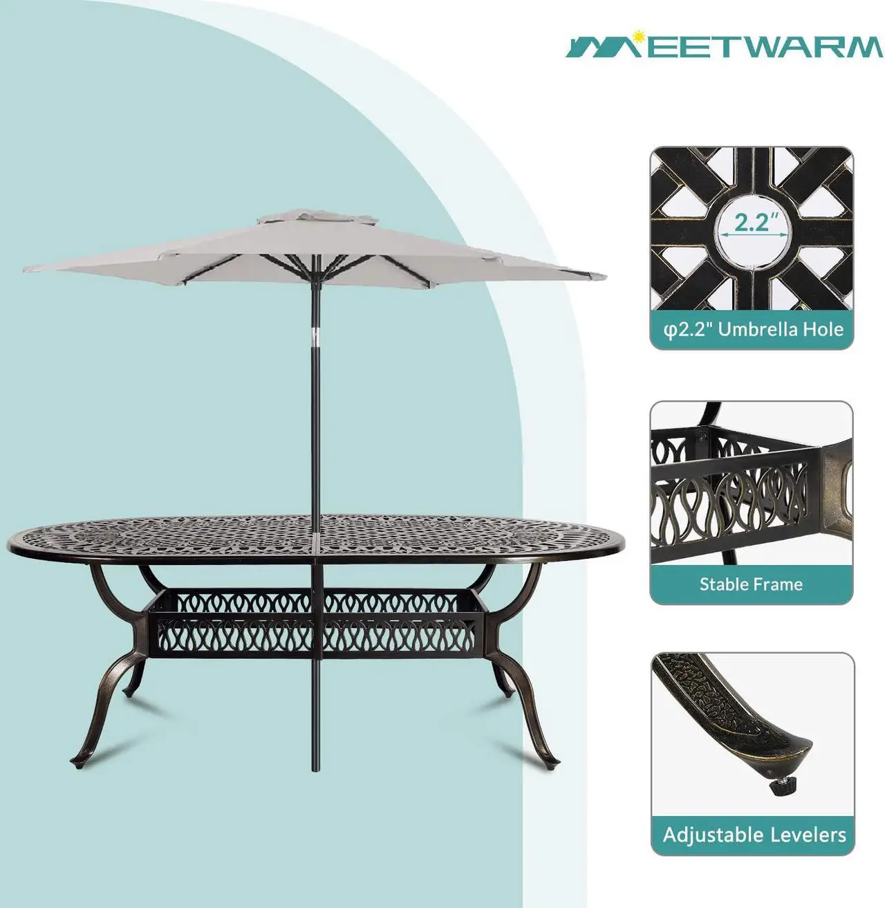 Alt view image 3 of 7 - MEETWARM 9-Piece Outdoor Patio Dining Set, All-Weather Cast Aluminum Patio Conversation Set with 6 Stationary, 2 Swivel Rocker Chairs, 1 Oval Table, 8 Cushions, 2" Umbrella Hole
